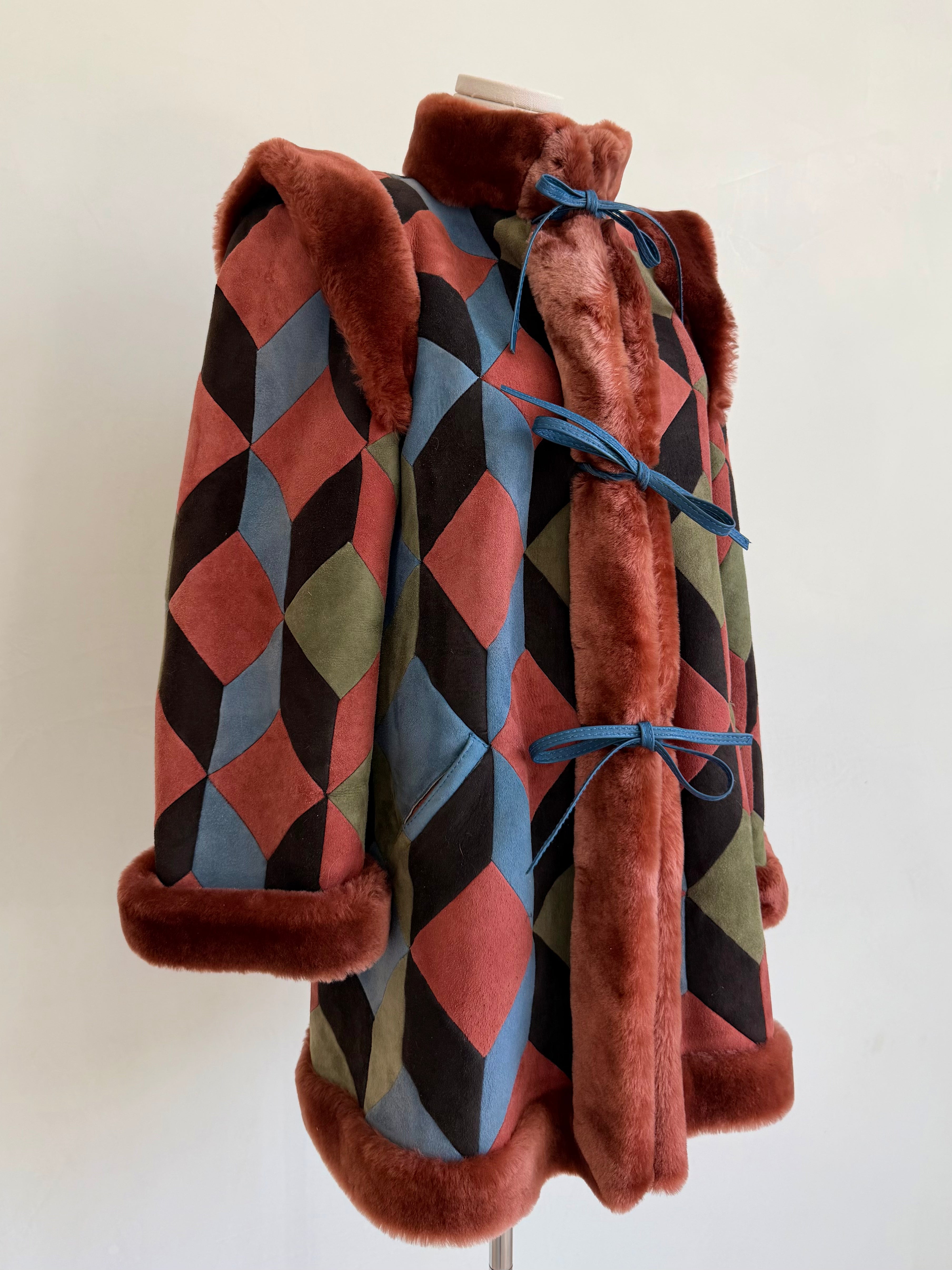1970s Geometric Suede & Shearling Patchwork Coat