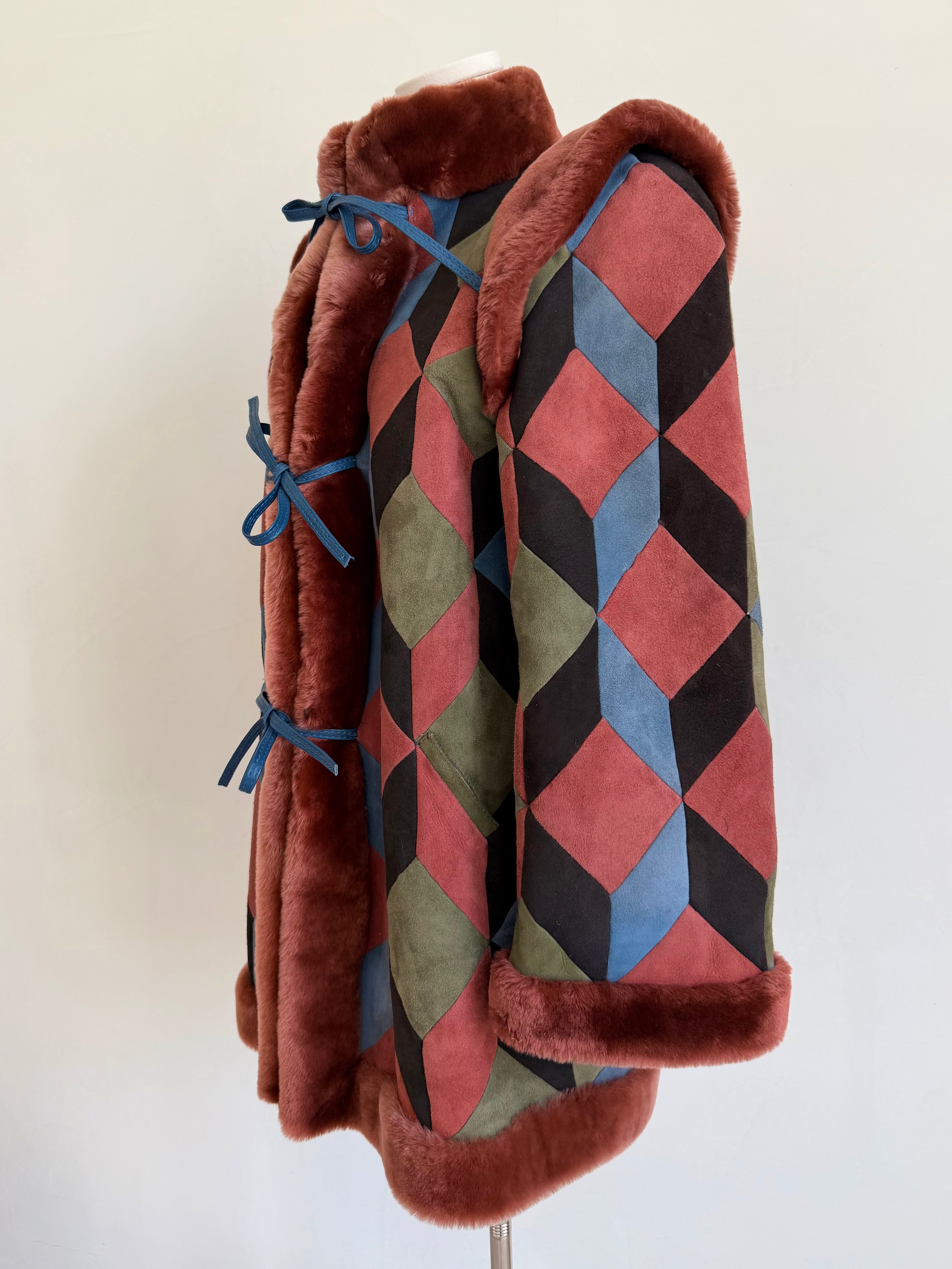1970s Geometric Suede & Shearling Patchwork Coat