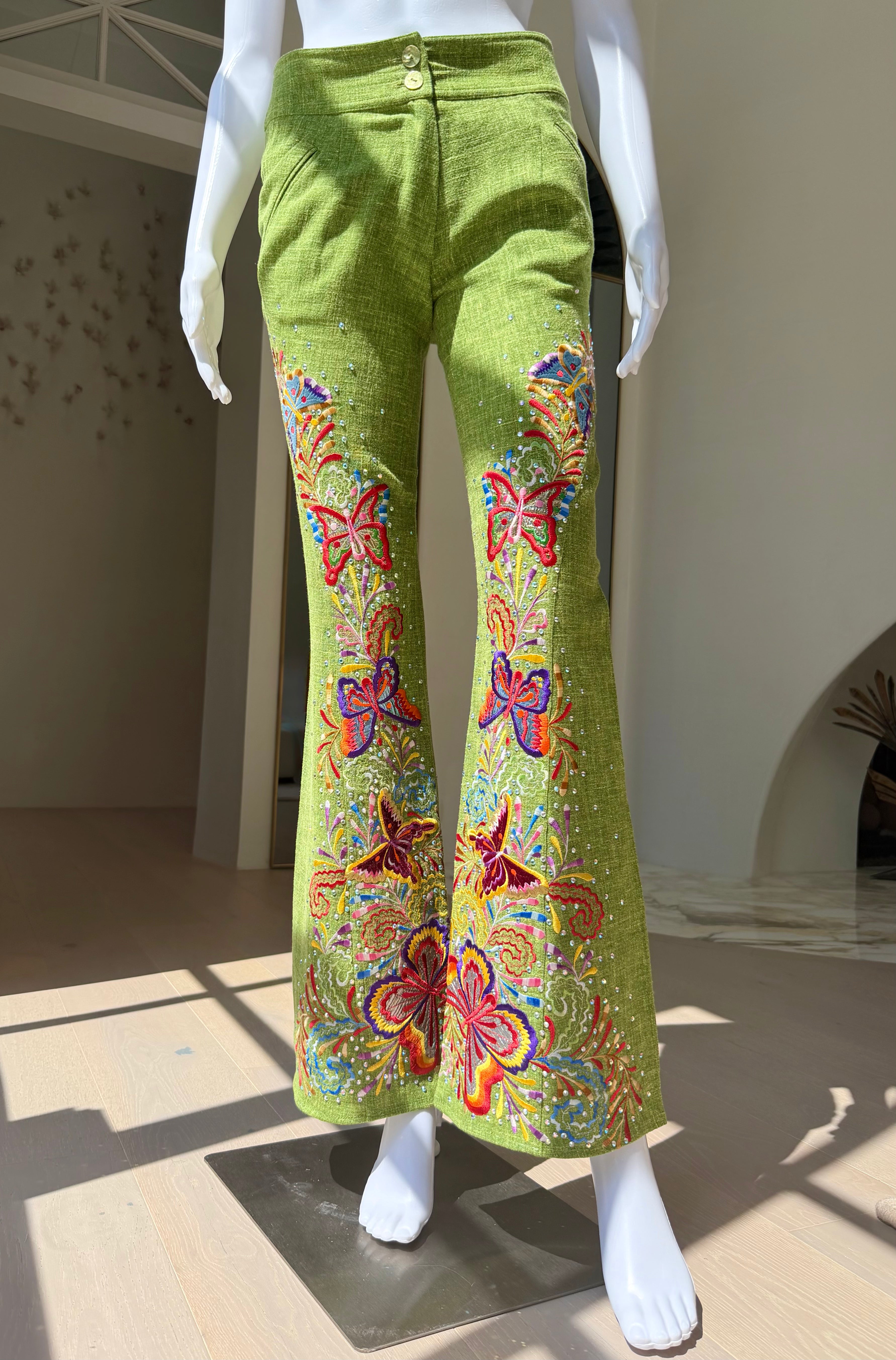 S/S 2003 Green Linen Butterfly Embroidered Trousers