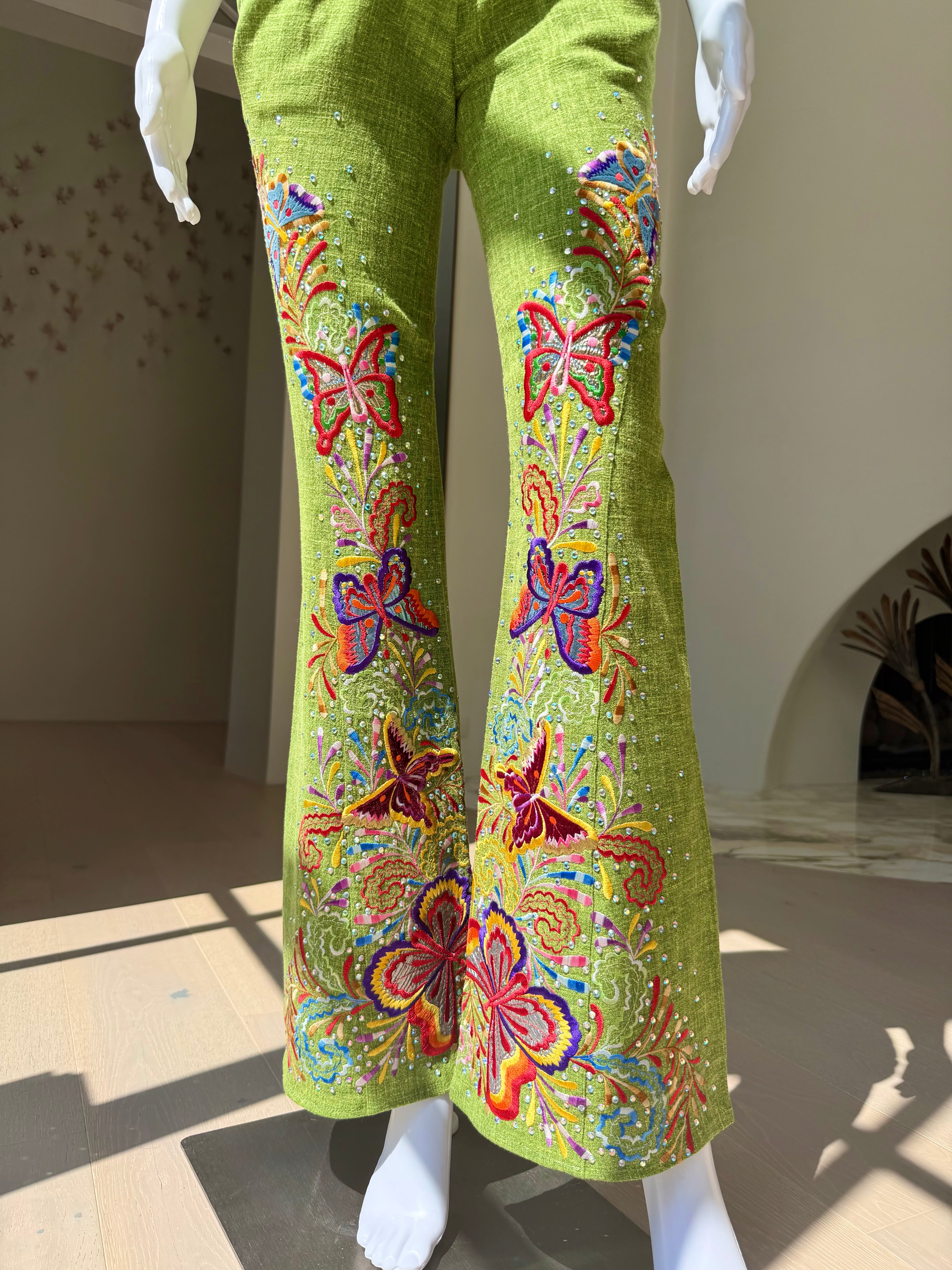 S/S 2003 Green Linen Butterfly Embroidered Trousers