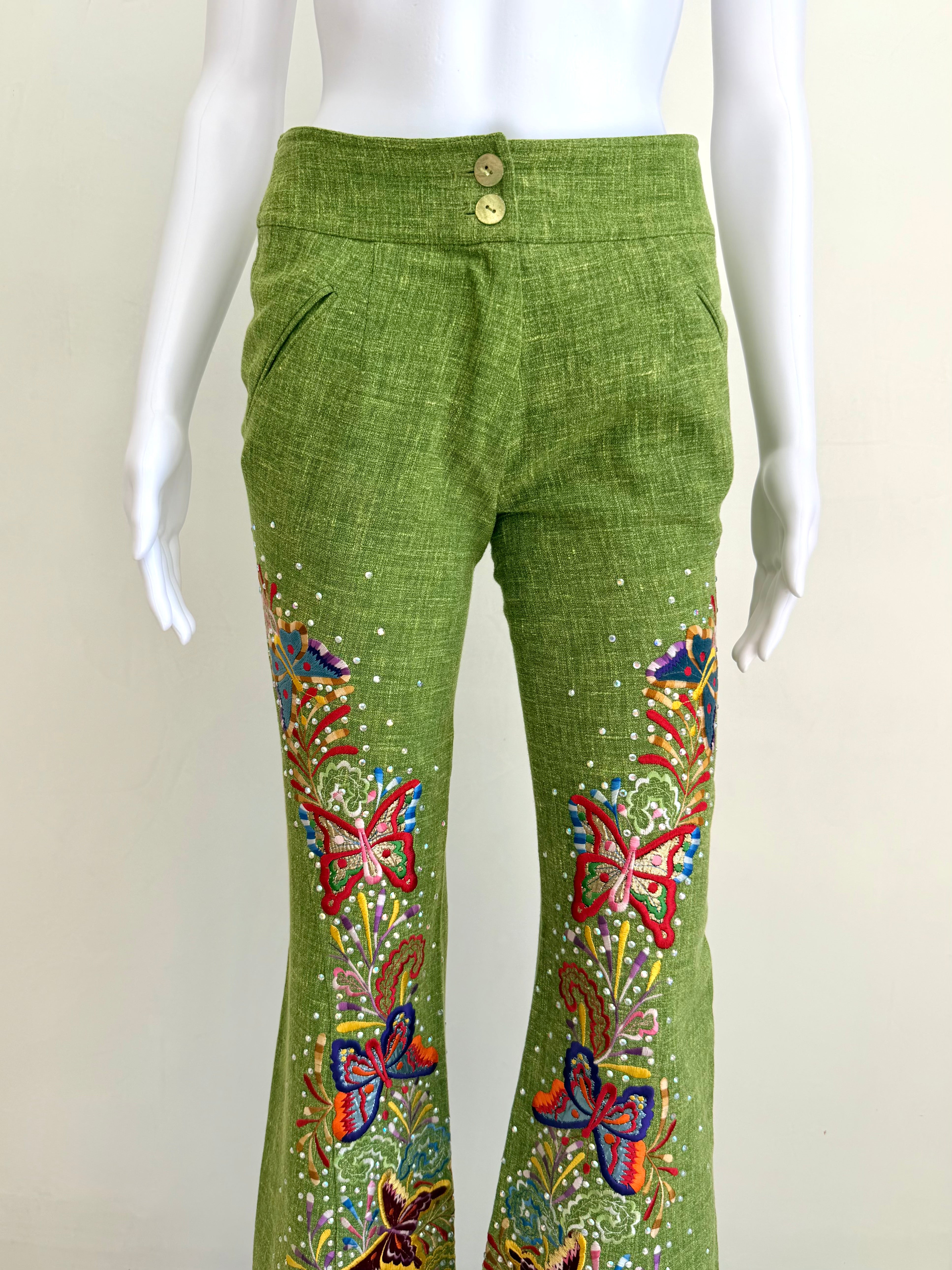 S/S 2003 Green Linen Butterfly Embroidered Trousers