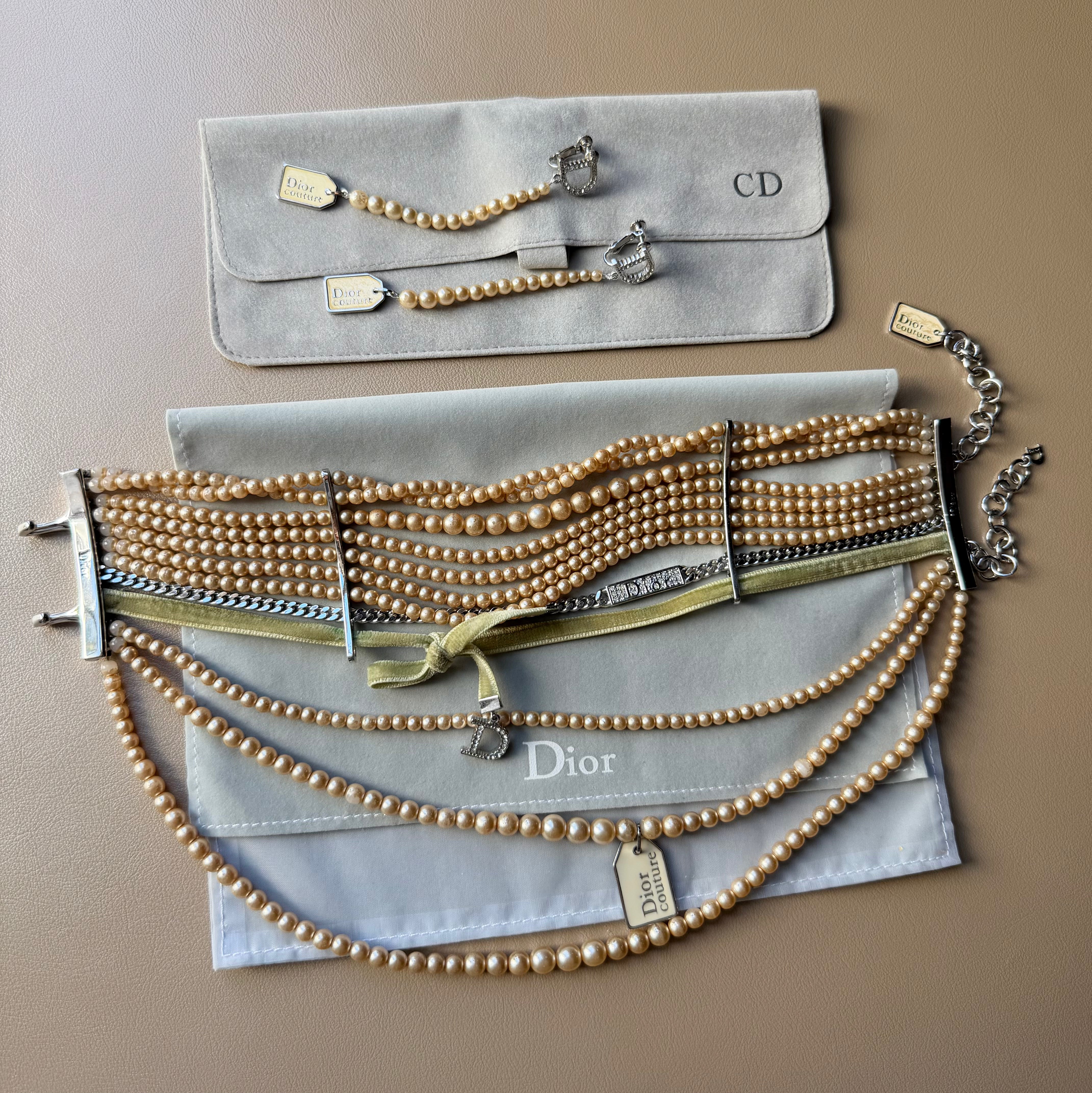 “Dior Couture” Multi-Strand Pearl Choker & Drop Earrings