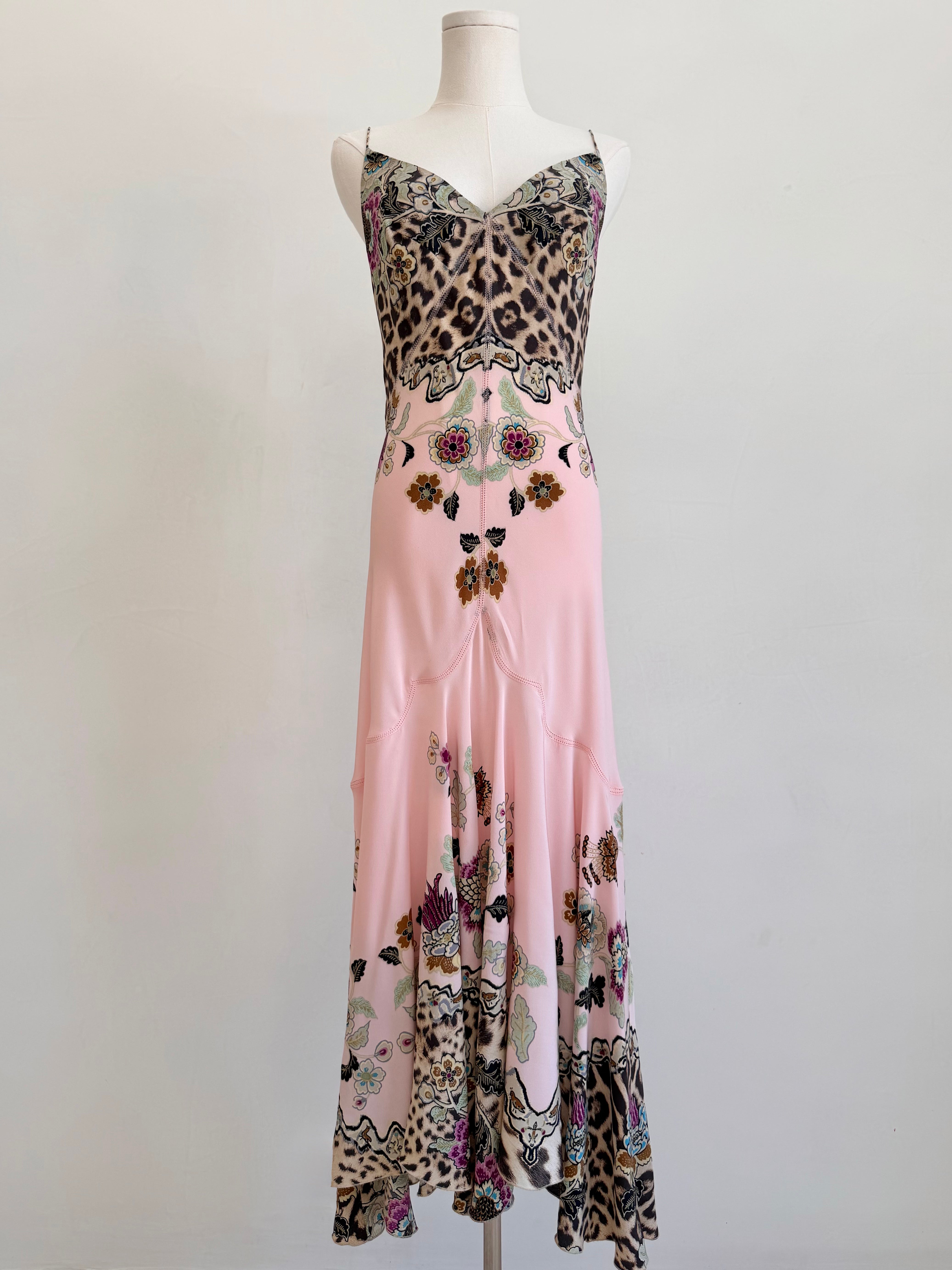 S/S 2003 Pink Leopard Chinoiserie Print Silk Maxi Dress