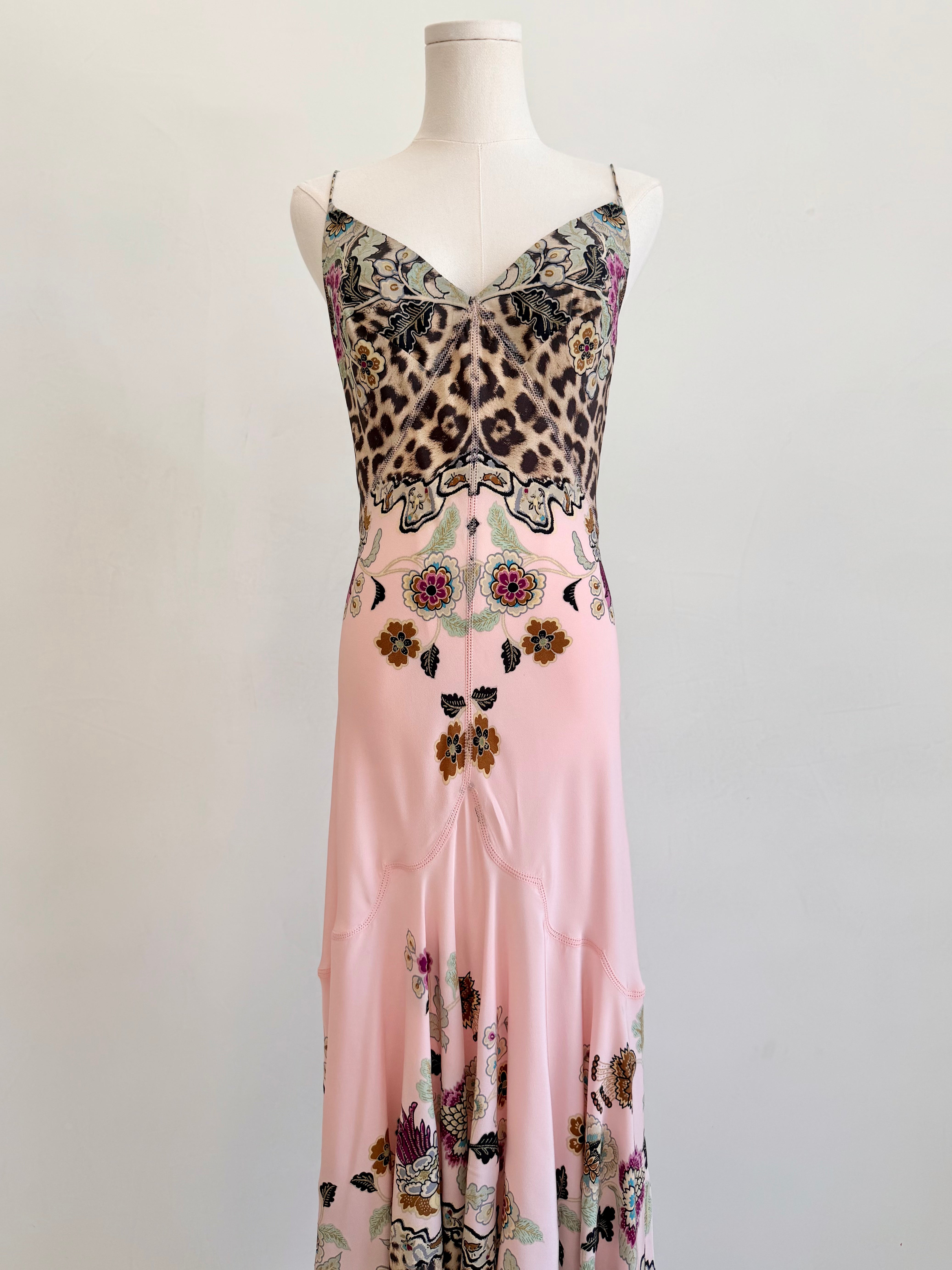 S/S 2003 Pink Leopard Chinoiserie Print Silk Maxi Dress