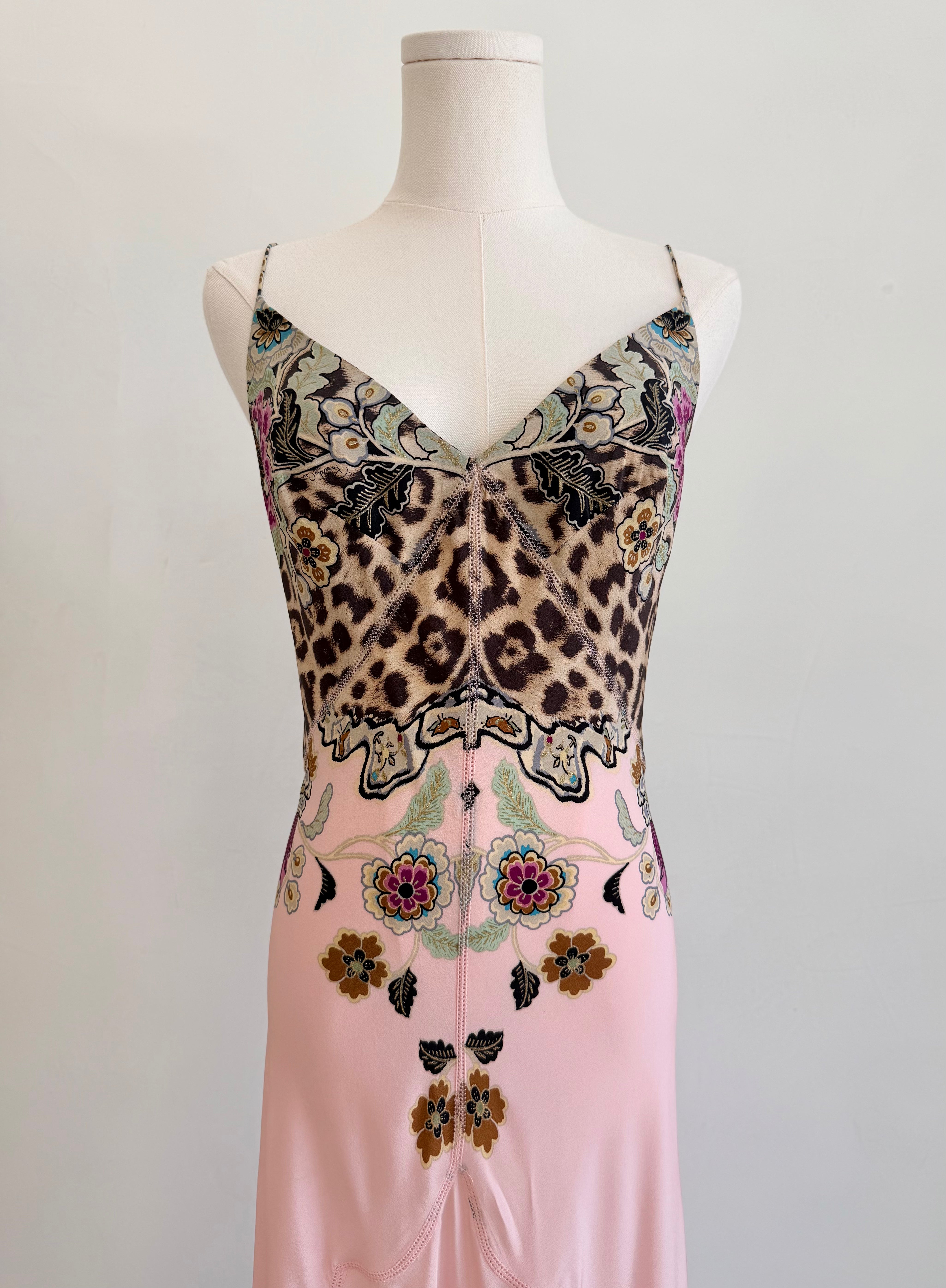 S/S 2003 Pink Leopard Chinoiserie Print Silk Maxi Dress