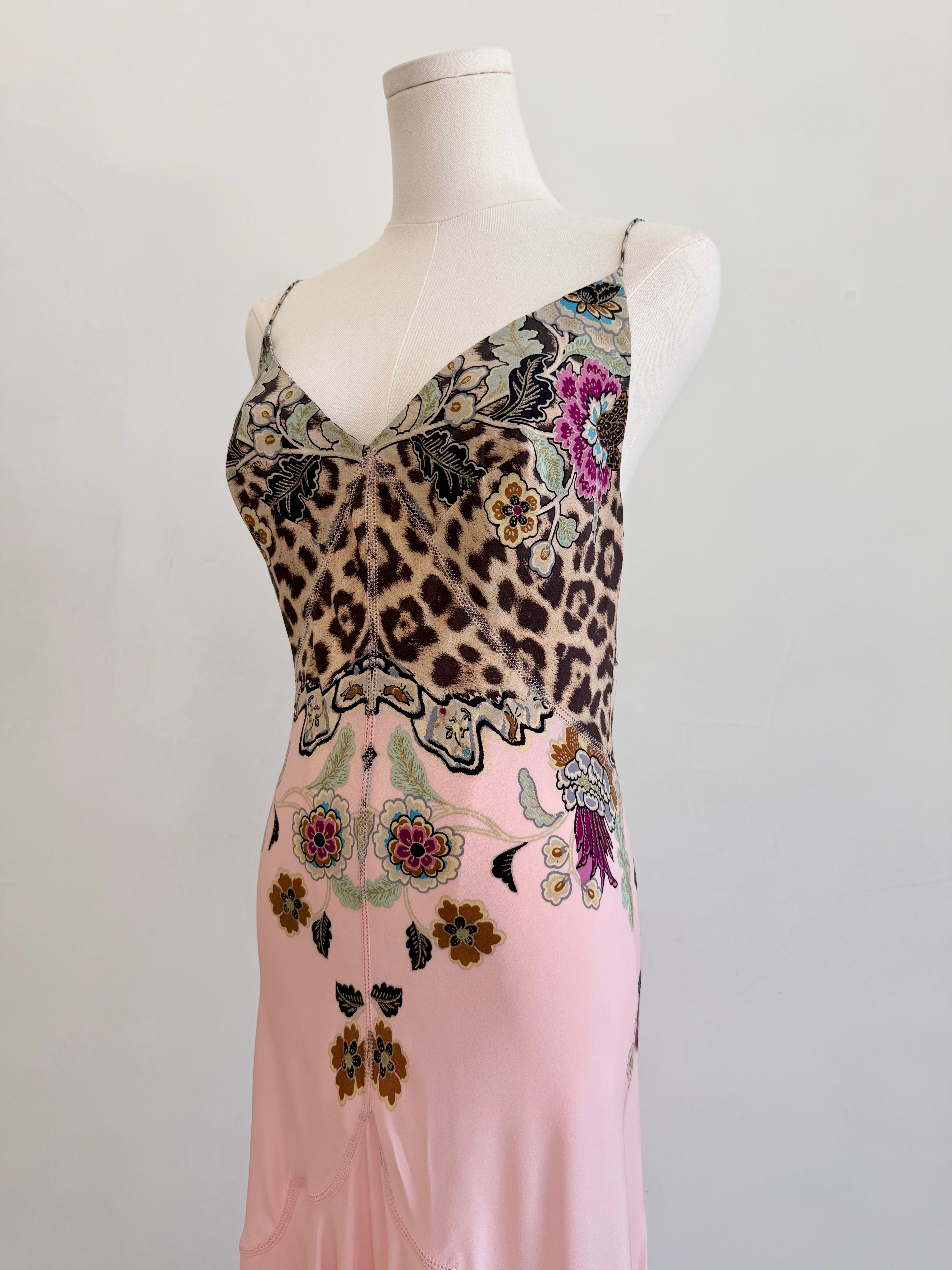 S/S 2003 Pink Leopard Chinoiserie Print Silk Maxi Dress