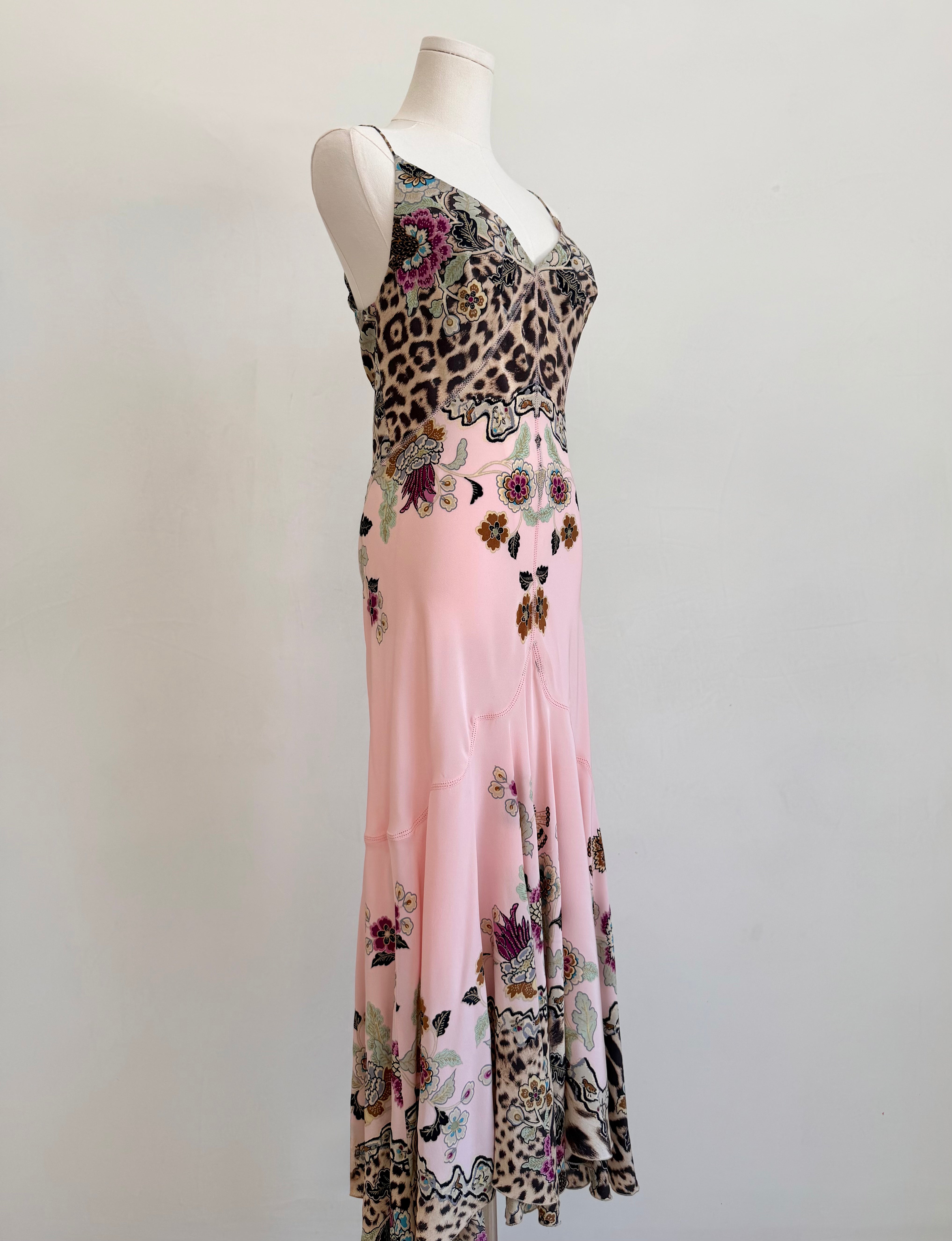 S/S 2003 Pink Leopard Chinoiserie Print Silk Maxi Dress