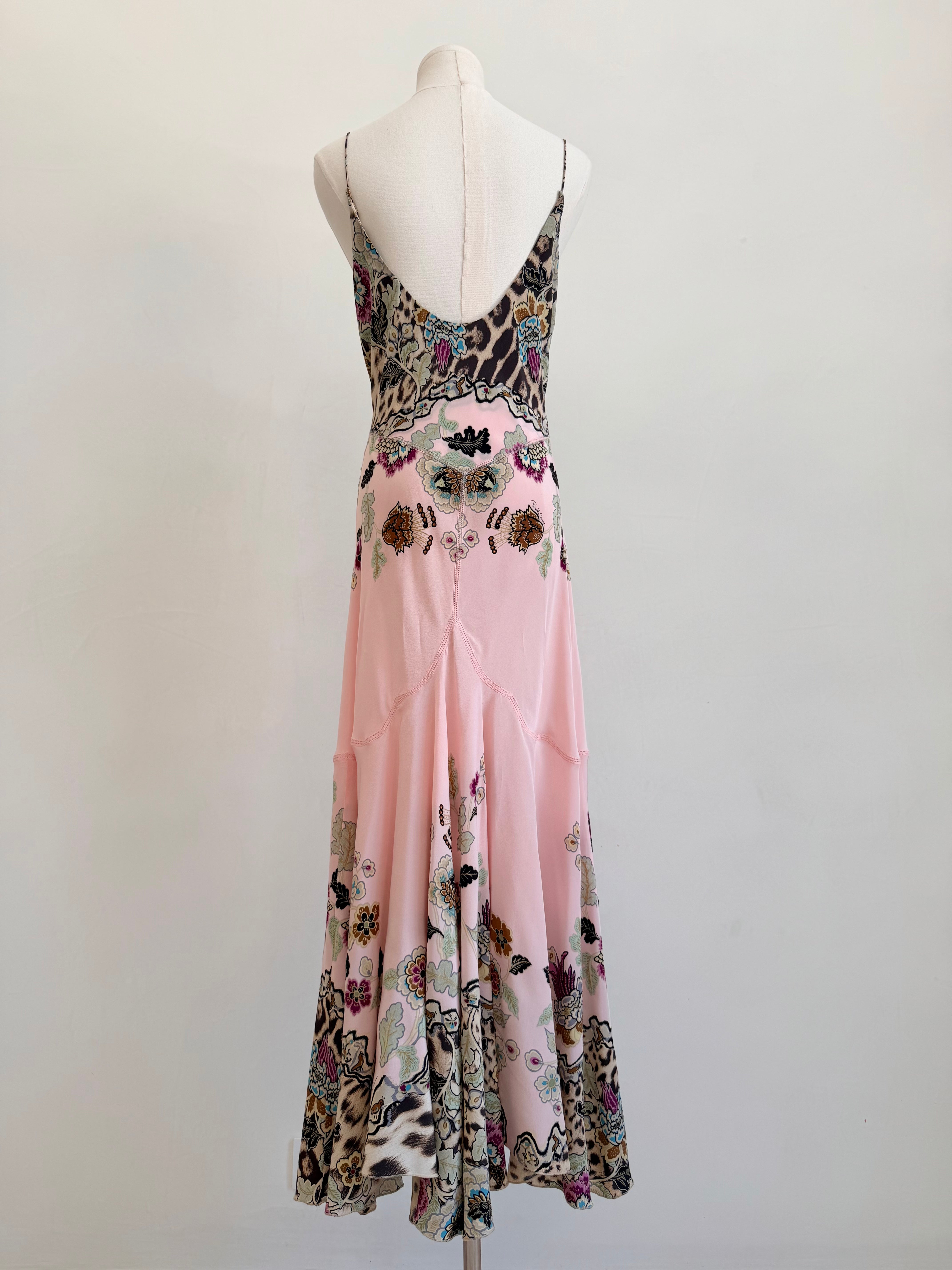 S/S 2003 Pink Leopard Chinoiserie Print Silk Maxi Dress
