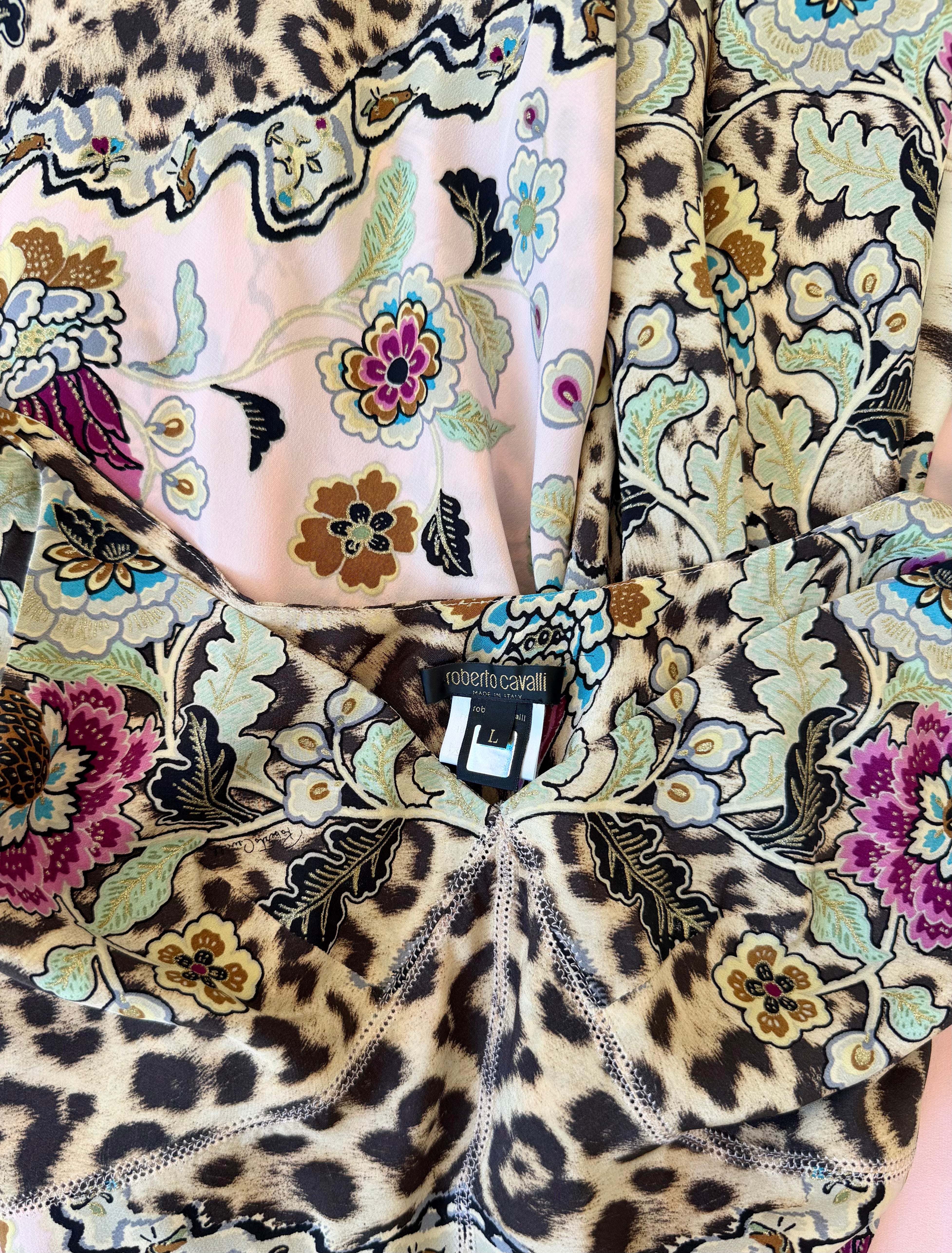 S/S 2003 Pink Leopard Chinoiserie Print Silk Maxi Dress
