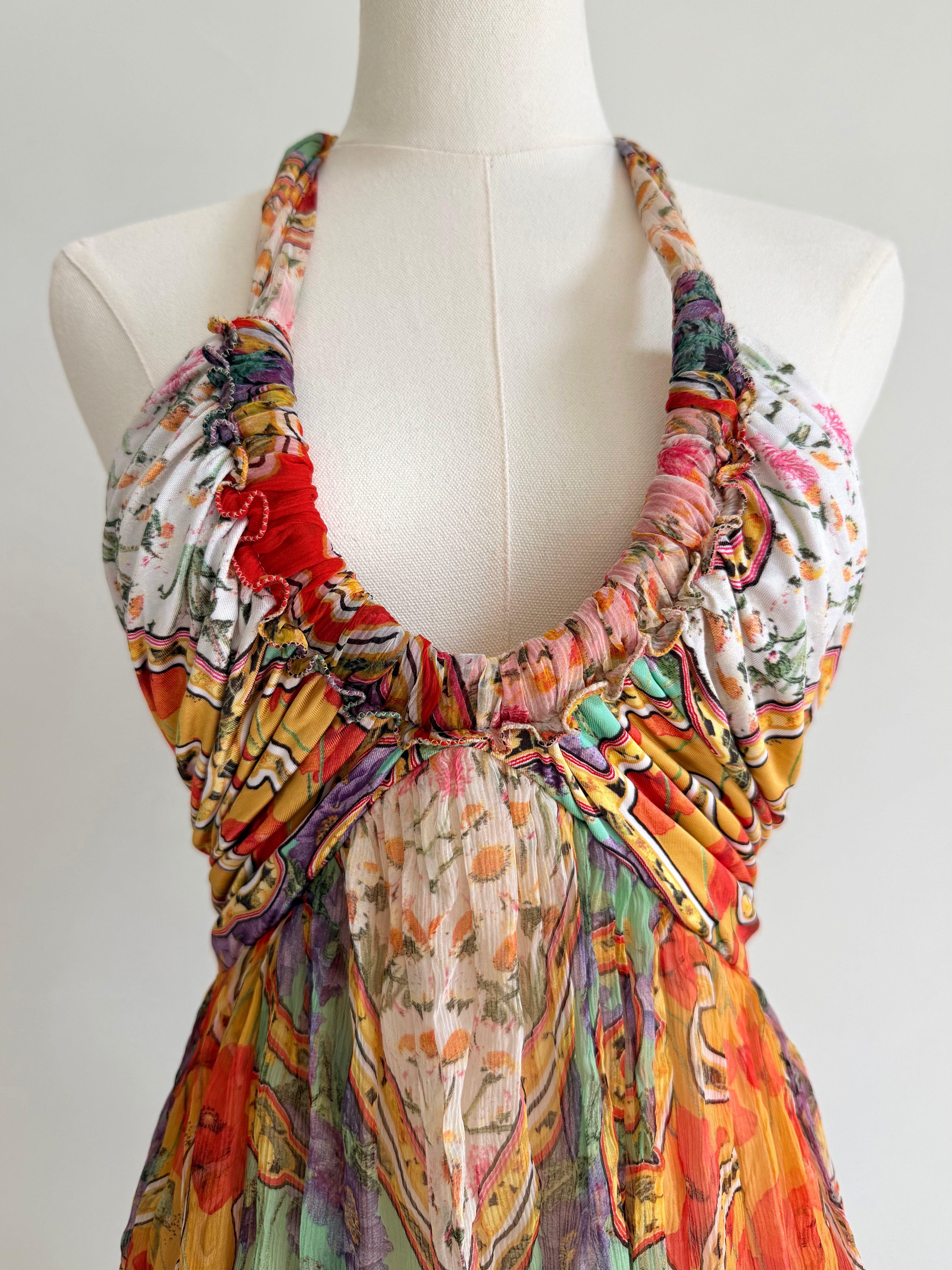2000s Multicolor Sheer Plunge Halter Dress