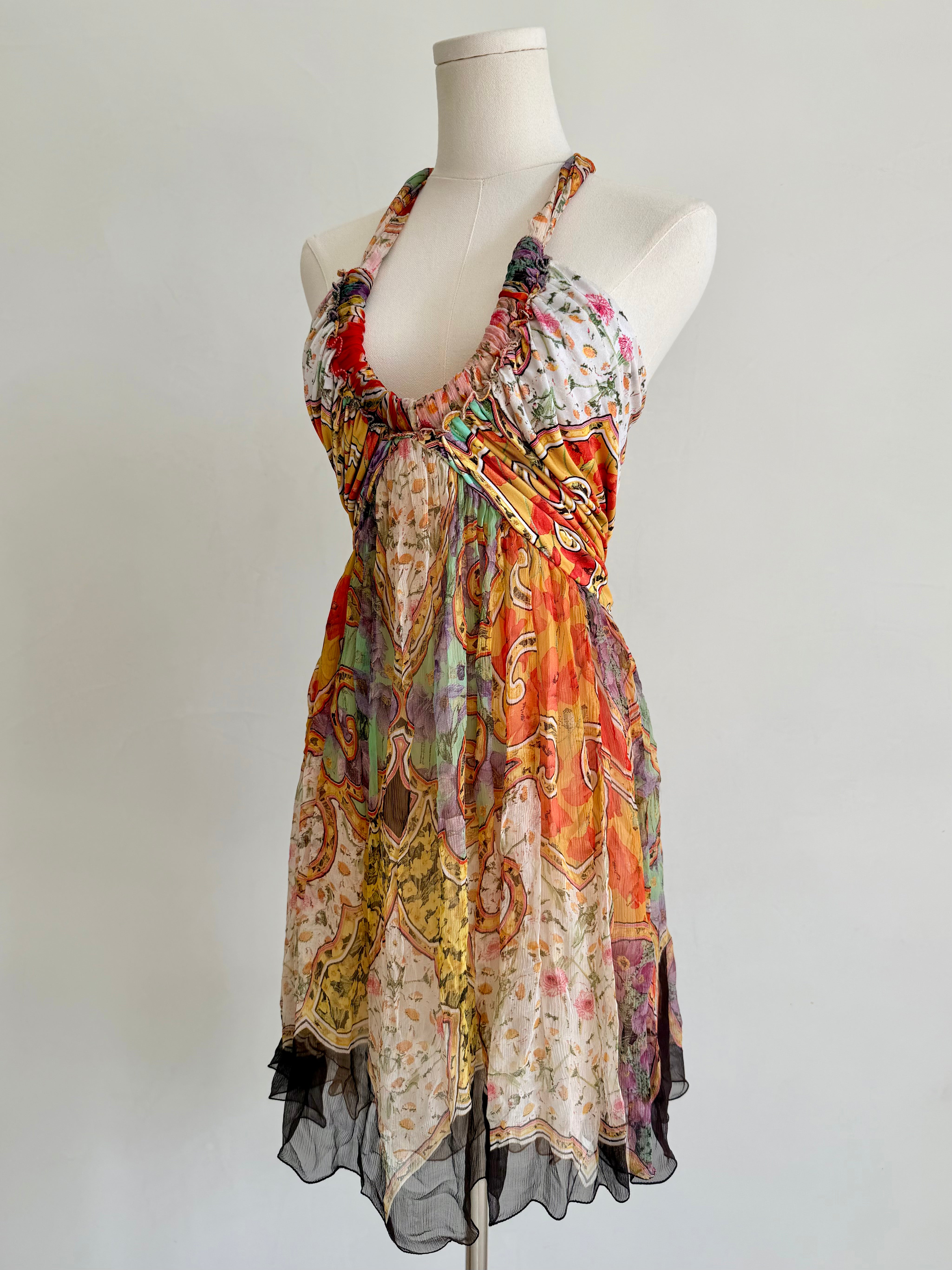 2000s Multicolor Sheer Plunge Halter Dress