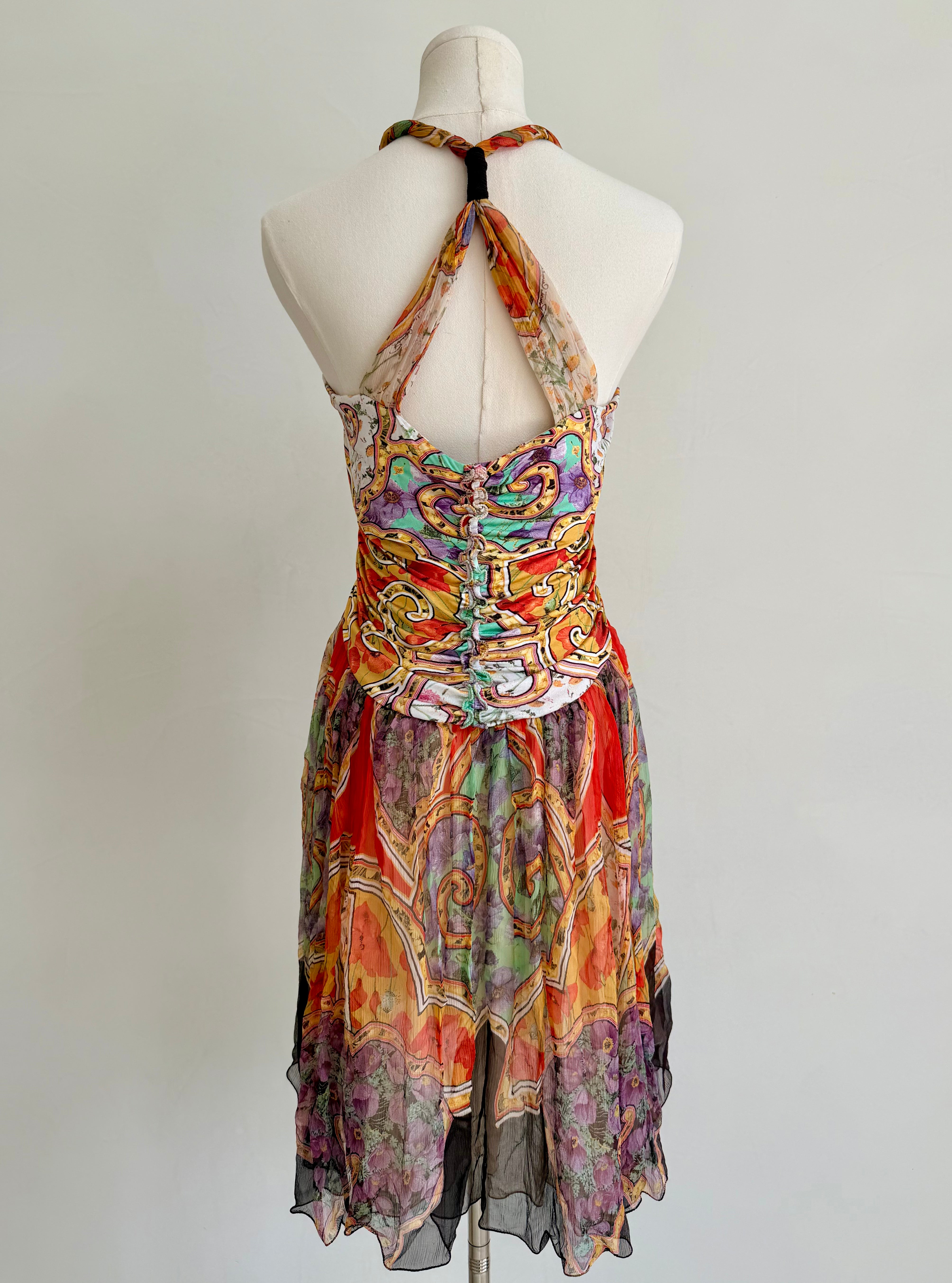 2000s Multicolor Sheer Plunge Halter Dress