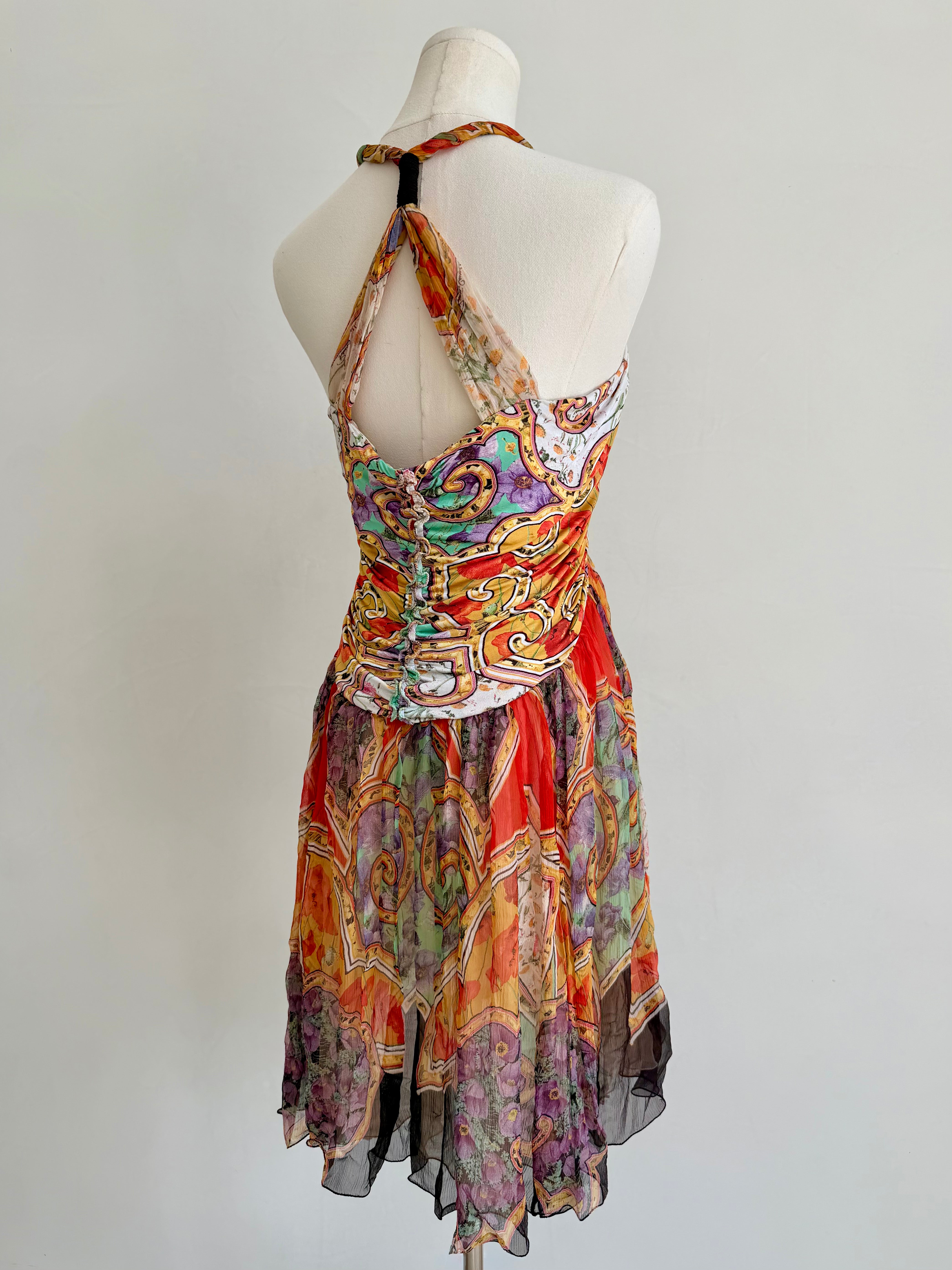 2000s Multicolor Sheer Plunge Halter Dress