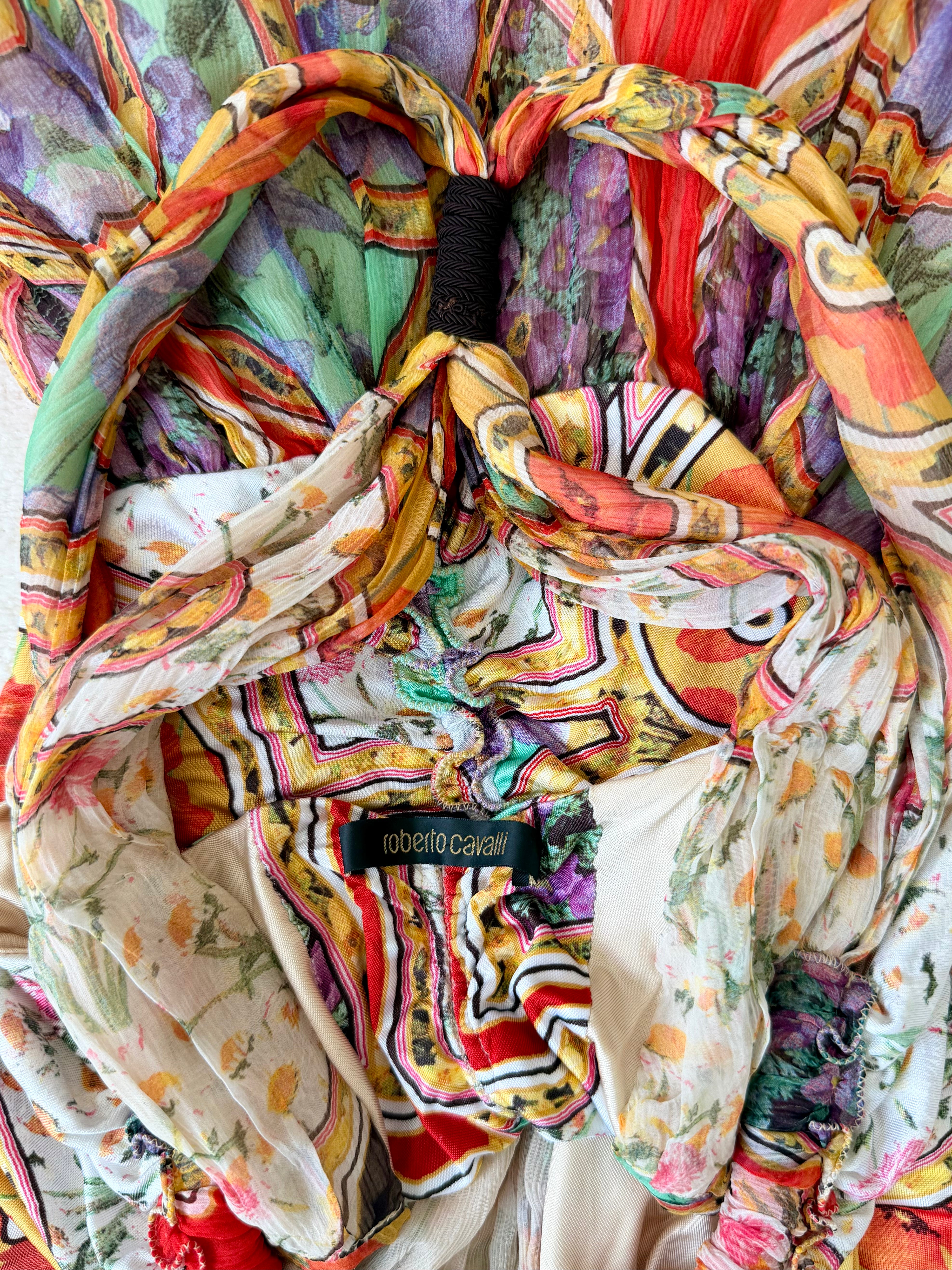 2000s Multicolor Sheer Plunge Halter Dress