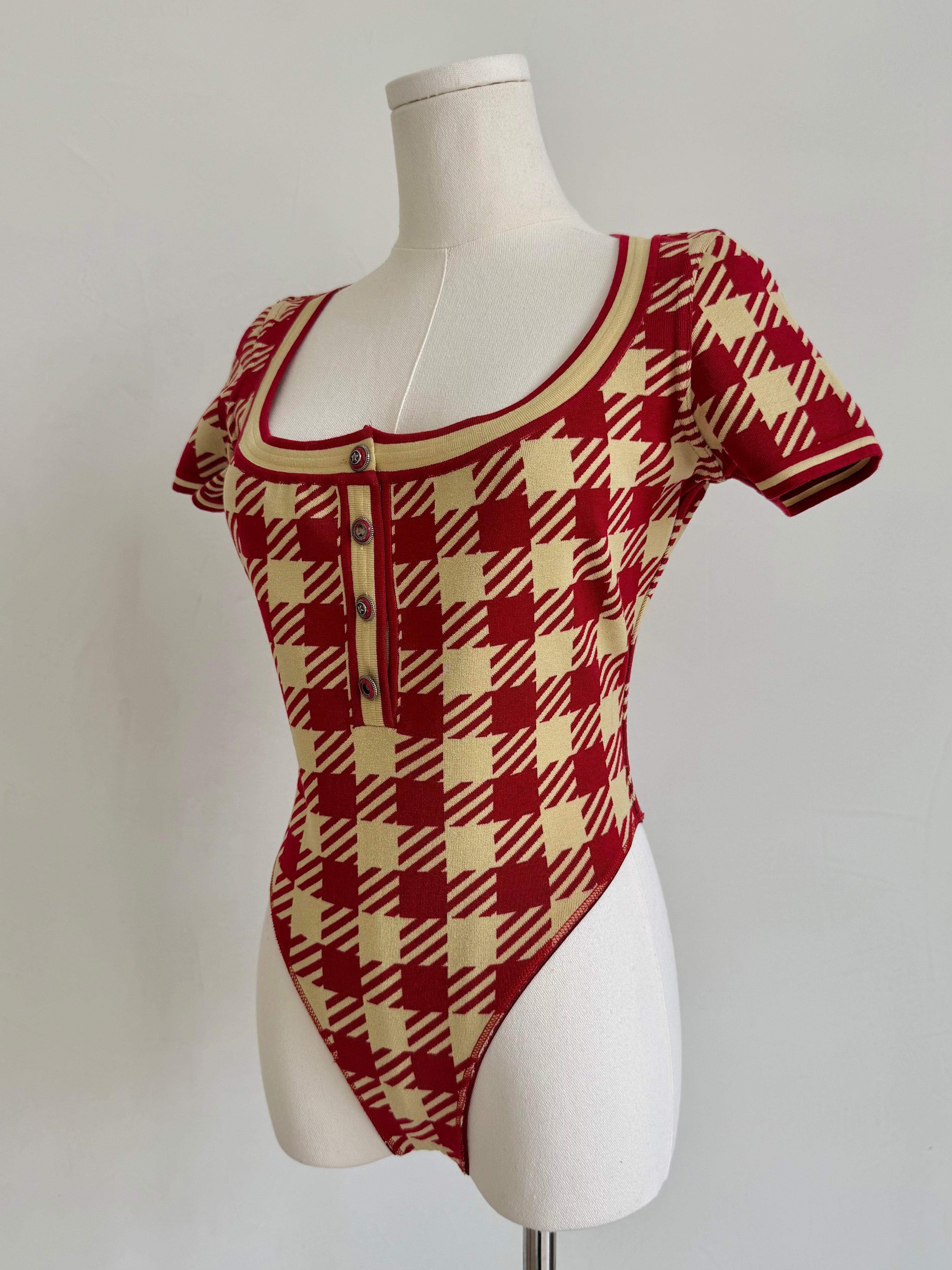 S/S 1992 Red & Ivory Graphic Houndstooth Knit Bodysuit