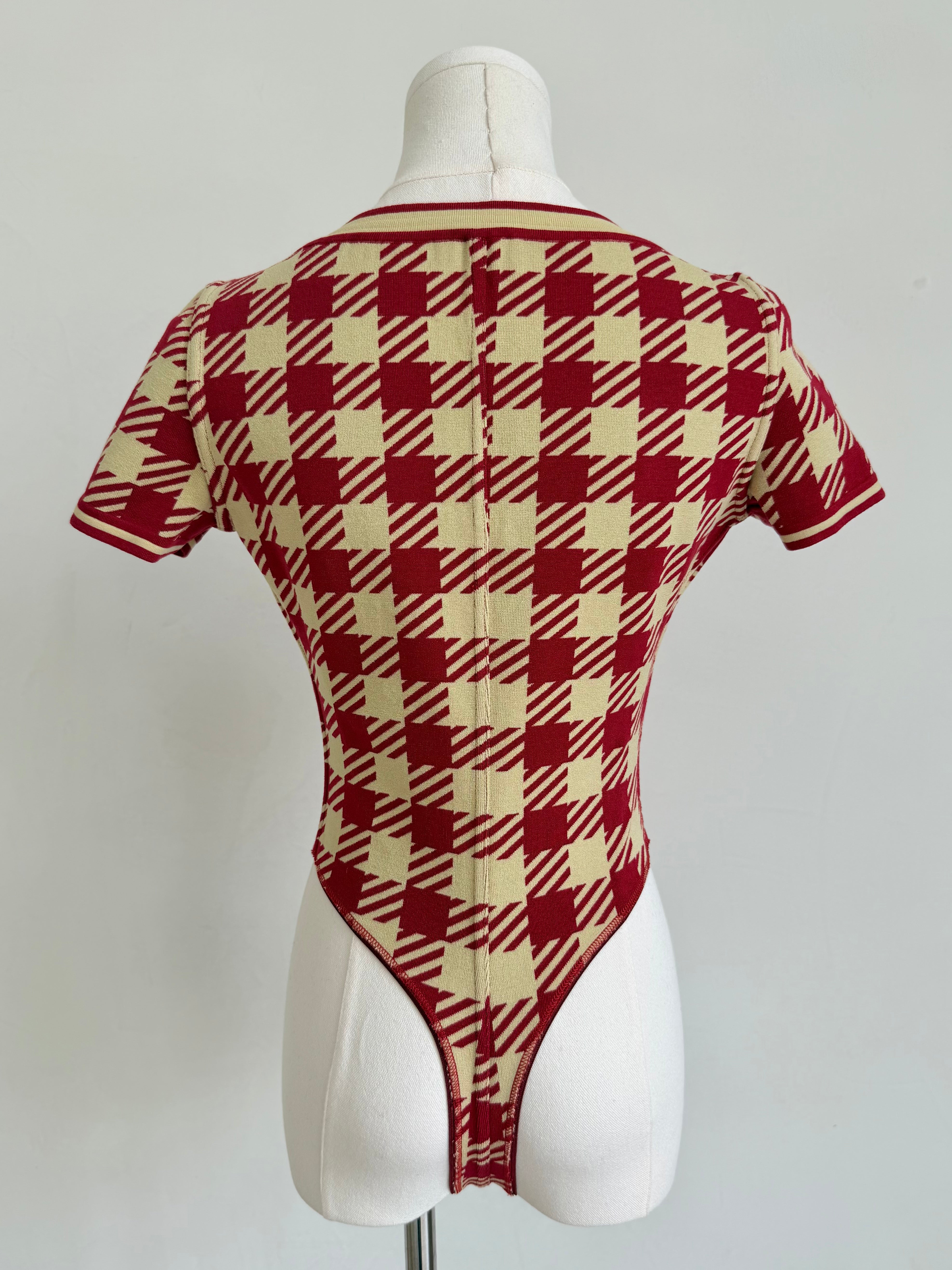 S/S 1992 Red & Ivory Graphic Houndstooth Knit Bodysuit