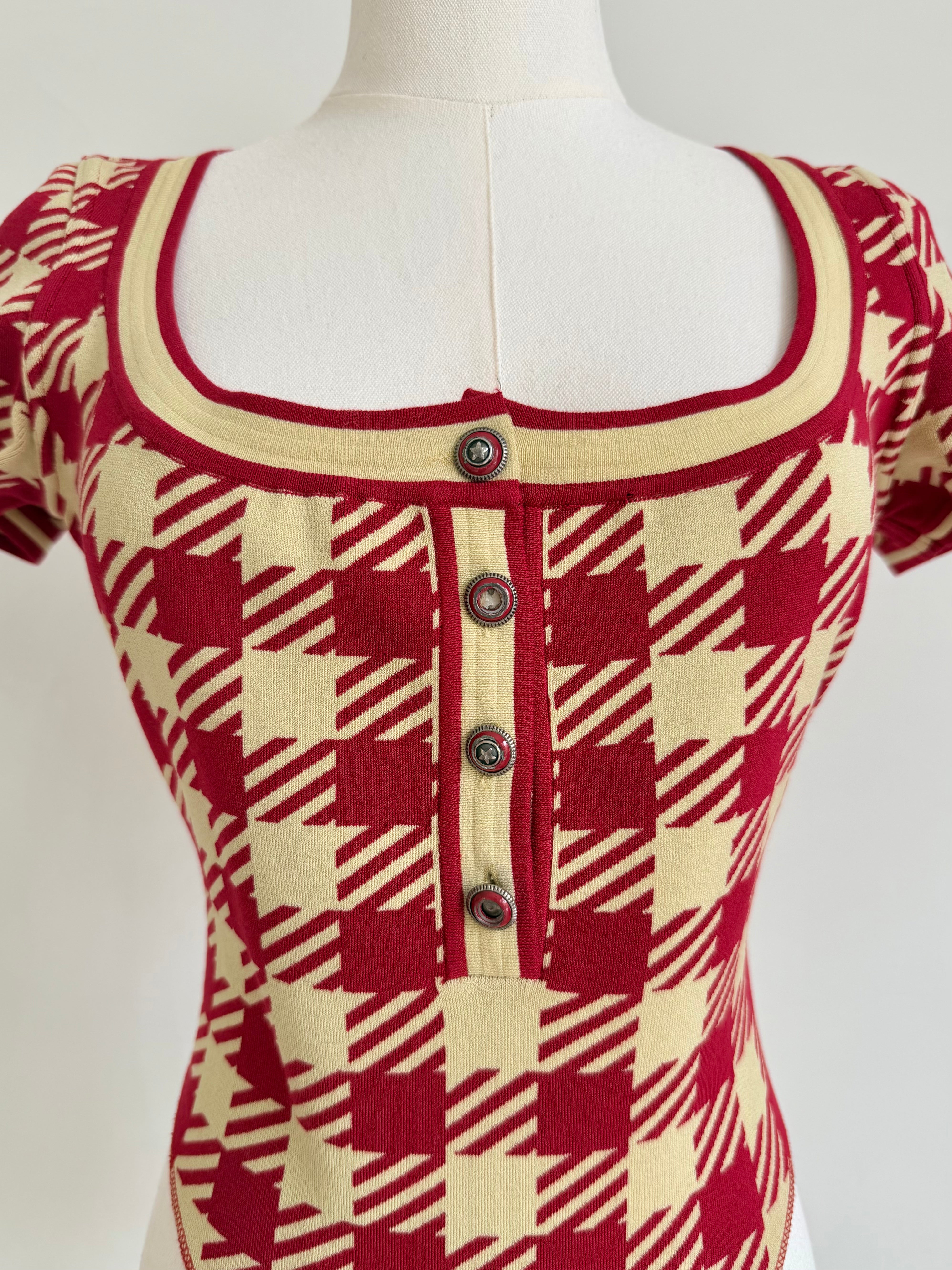 S/S 1992 Red & Ivory Graphic Houndstooth Knit Bodysuit