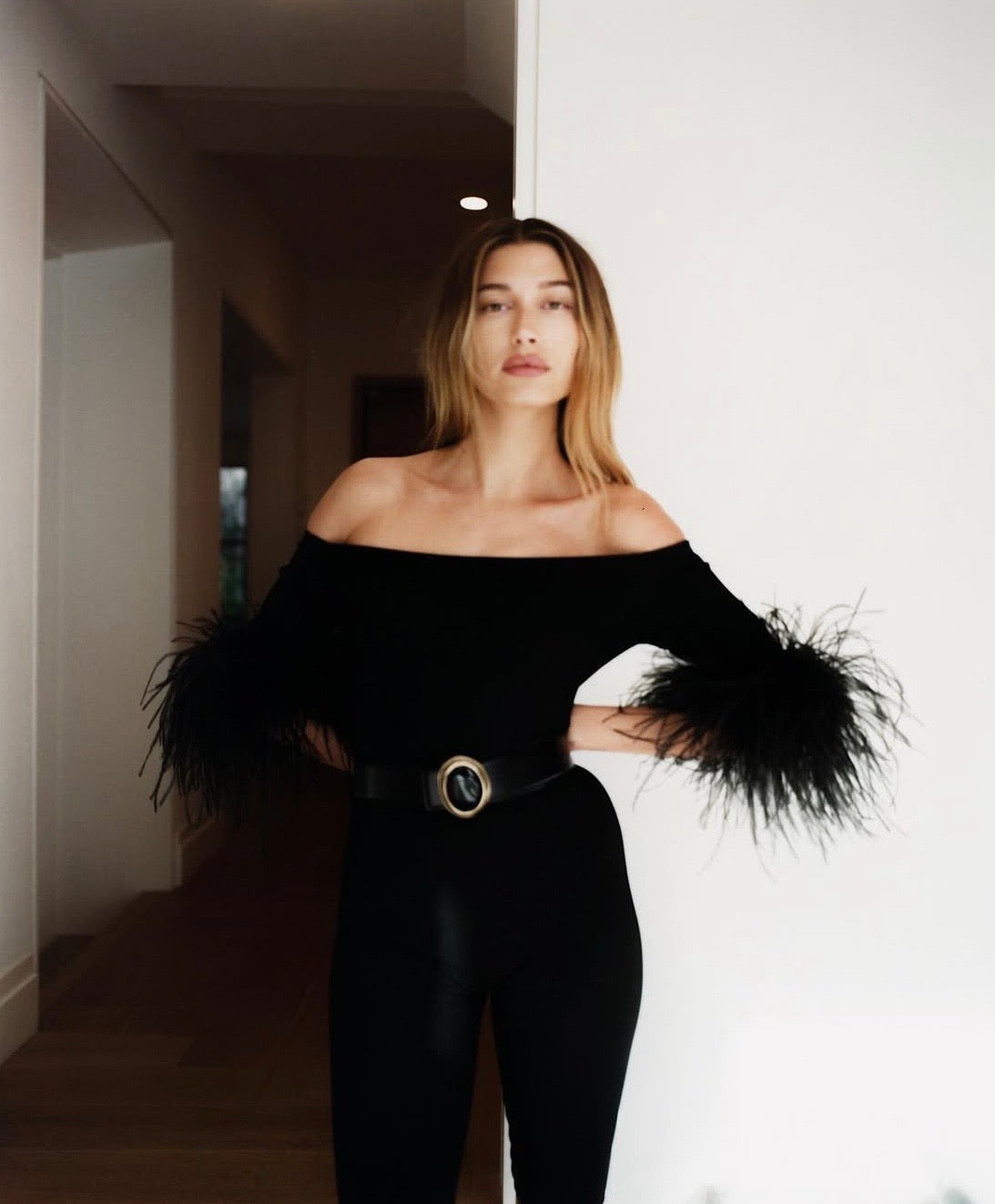 S/S 2021 Black Ribbed Knit Feather-Cuff Romper