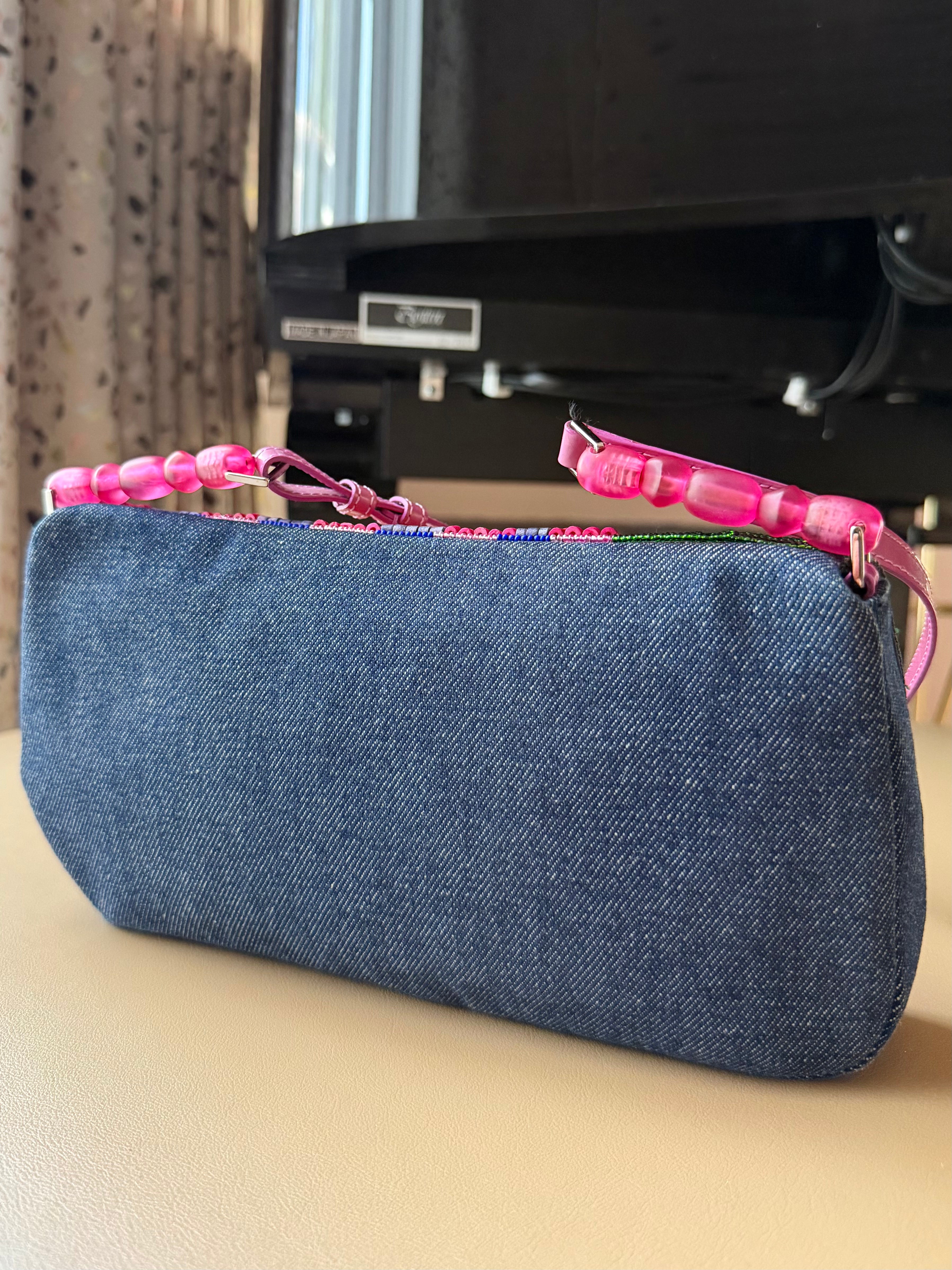 2000s Multicolor Beaded & Denim Malice Shoulder Bag