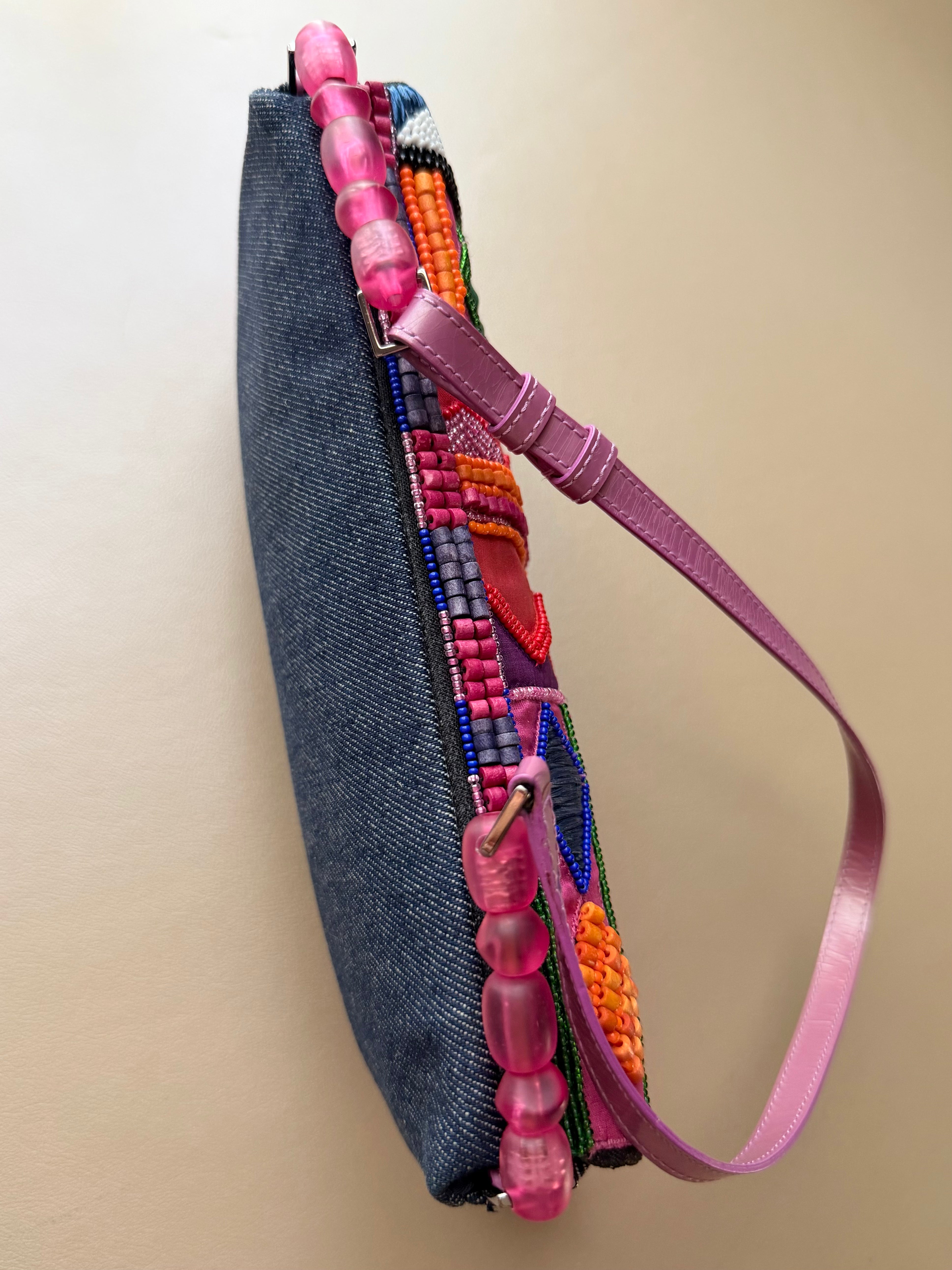 2000s Multicolor Beaded & Denim Malice Shoulder Bag