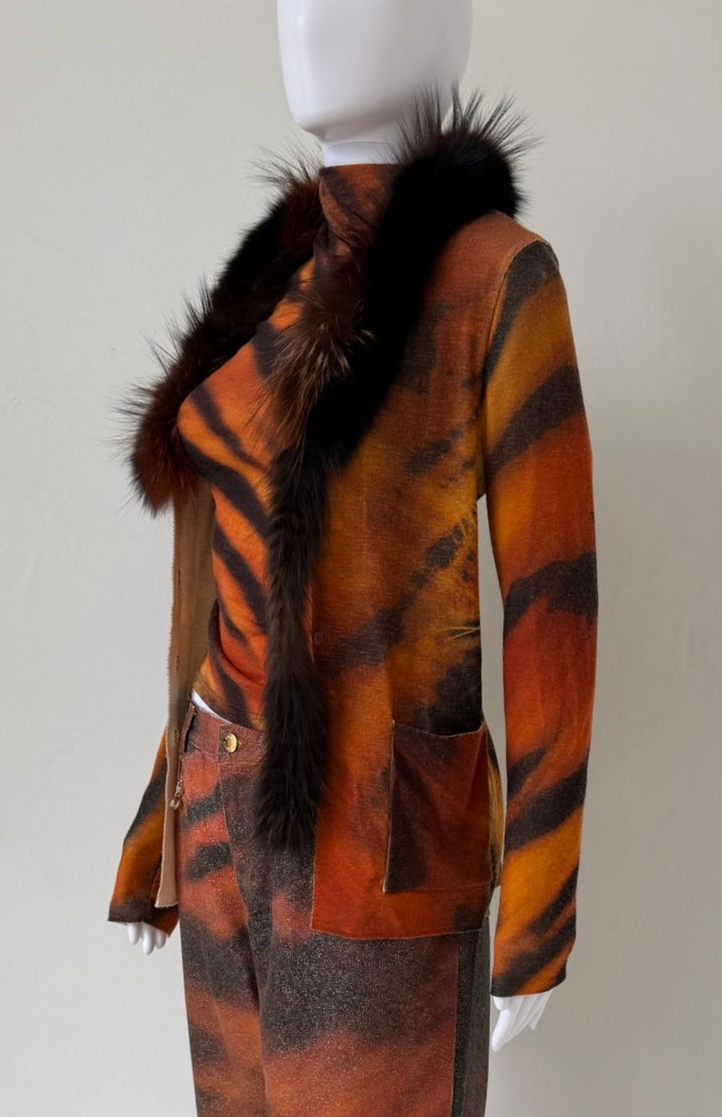S/S 2000 Tiger Print Cardigan with Fur Trim