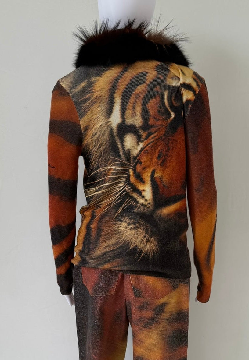 S/S 2000 Tiger Print Cardigan with Fur Trim