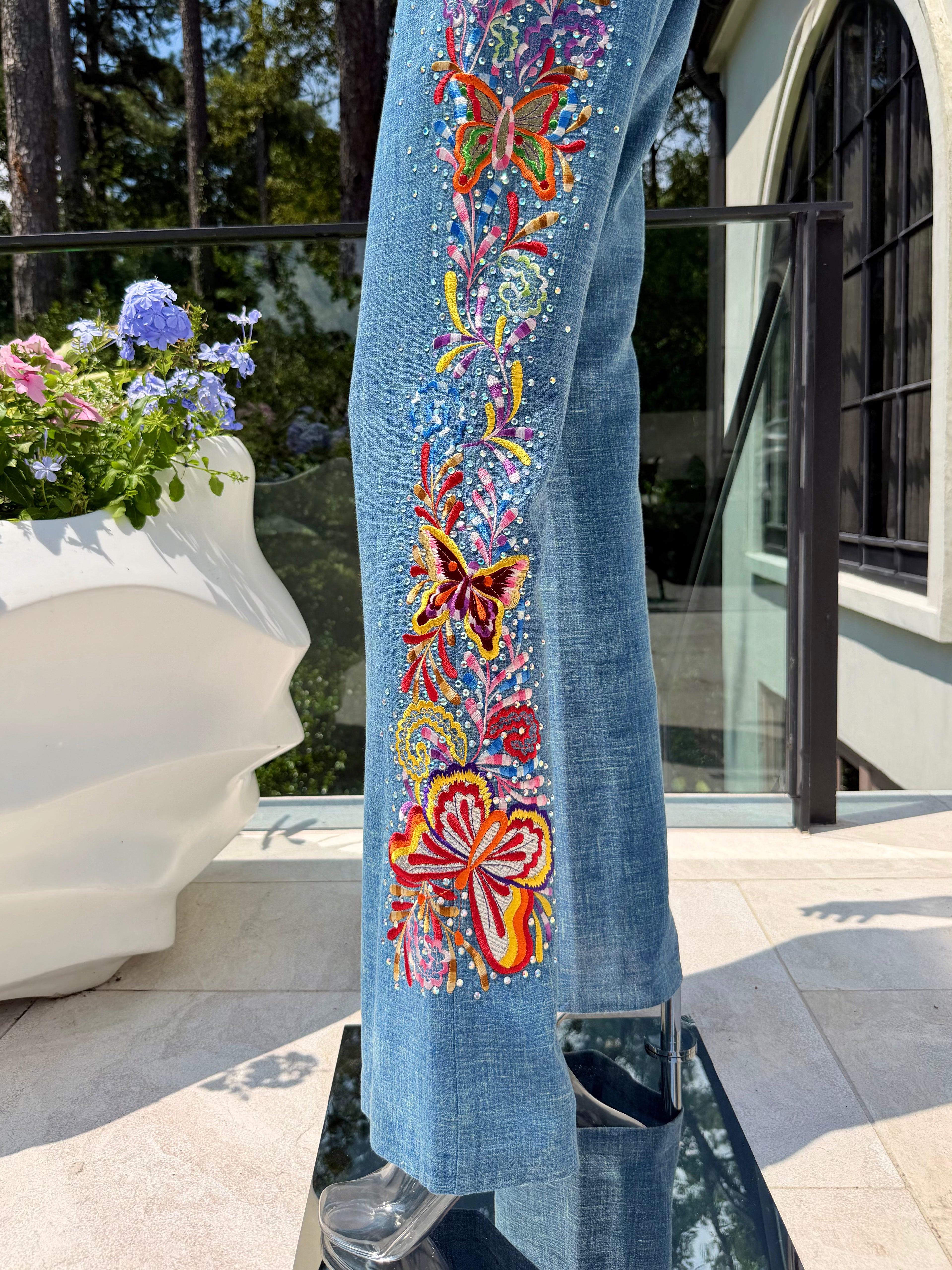 S/S 2003 Blue Linen Butterfly Embroidered Trousers