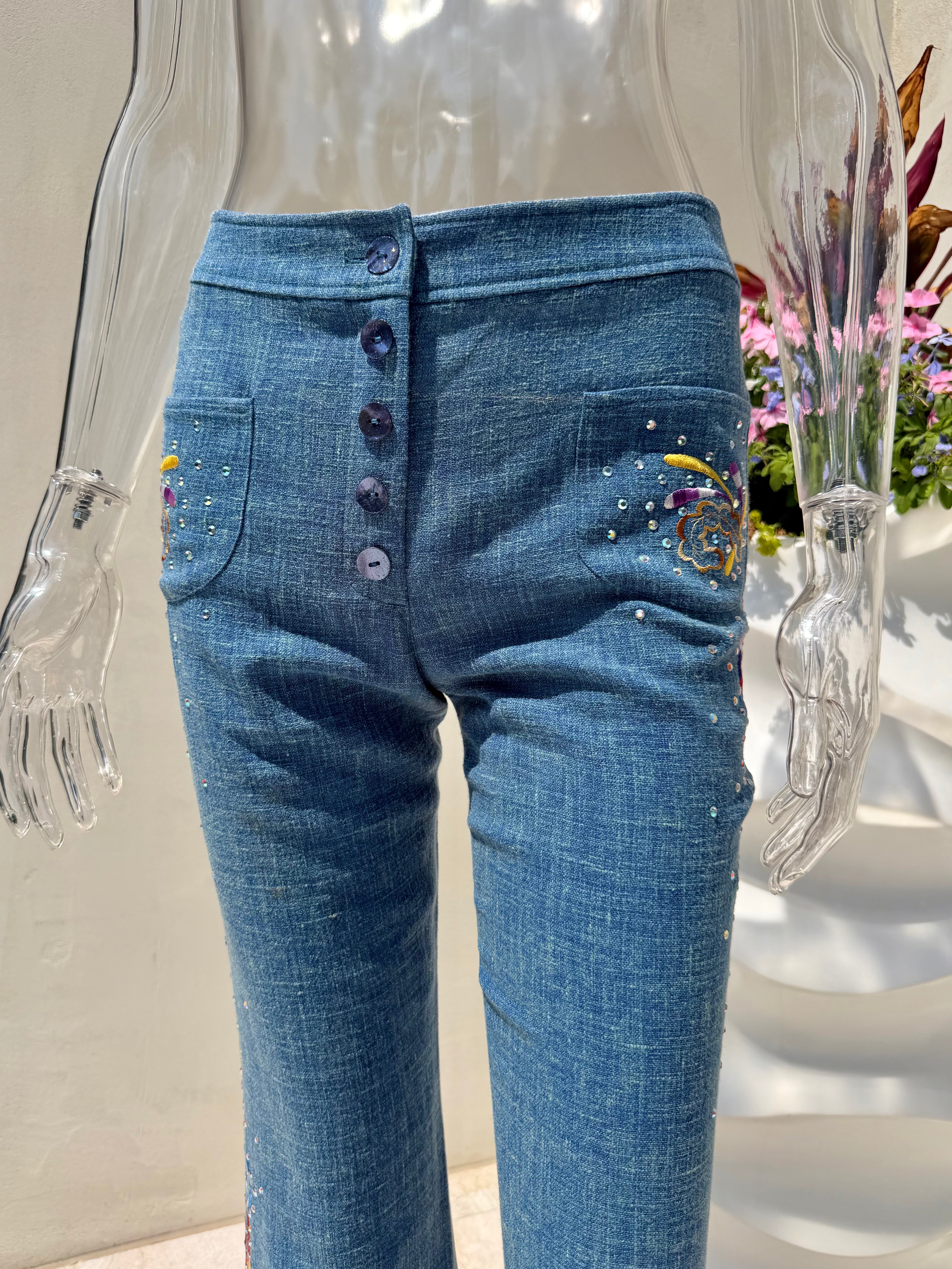 S/S 2003 Blue Linen Butterfly Embroidered Trousers