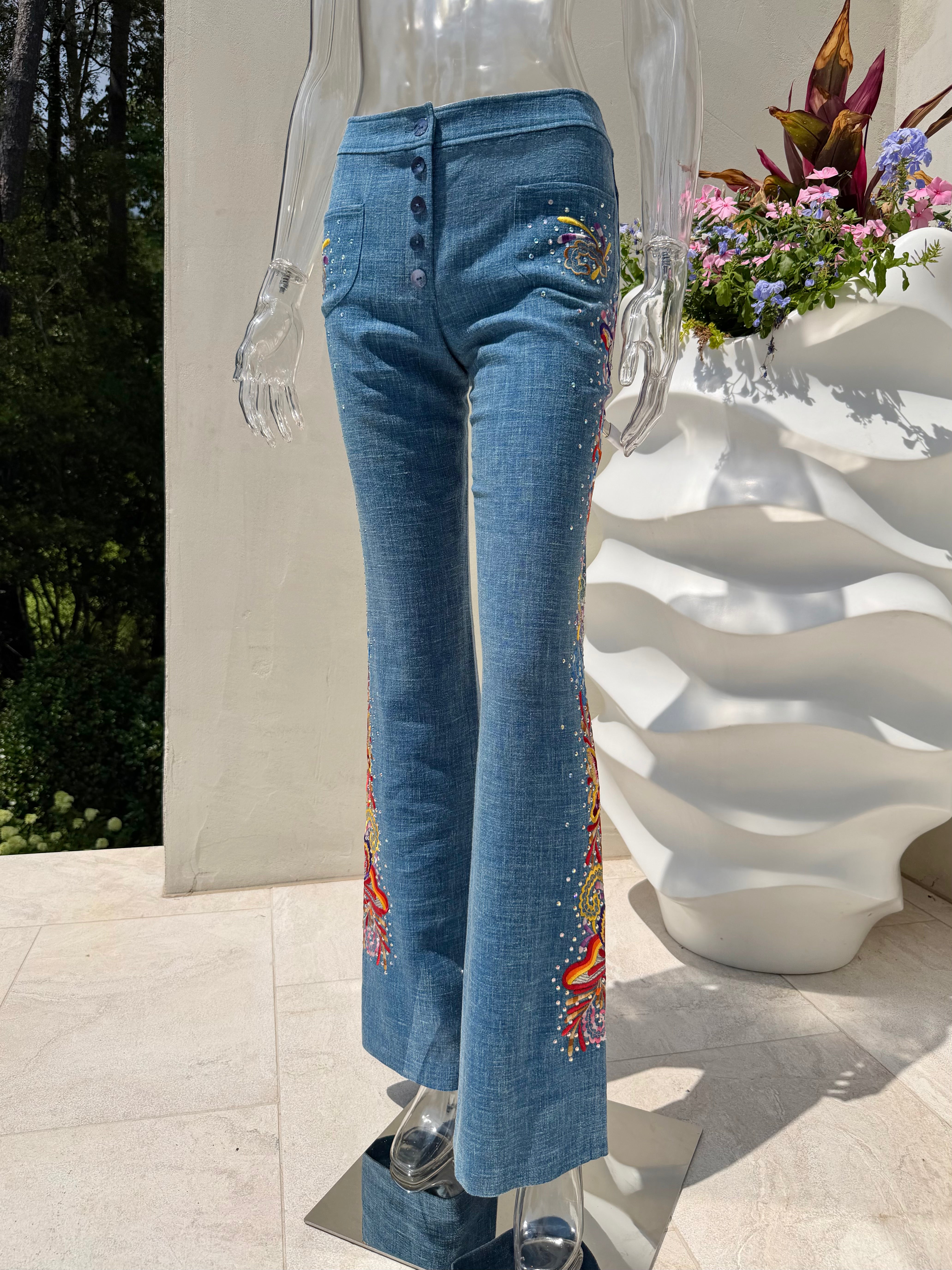S/S 2003 Blue Linen Butterfly Embroidered Trousers
