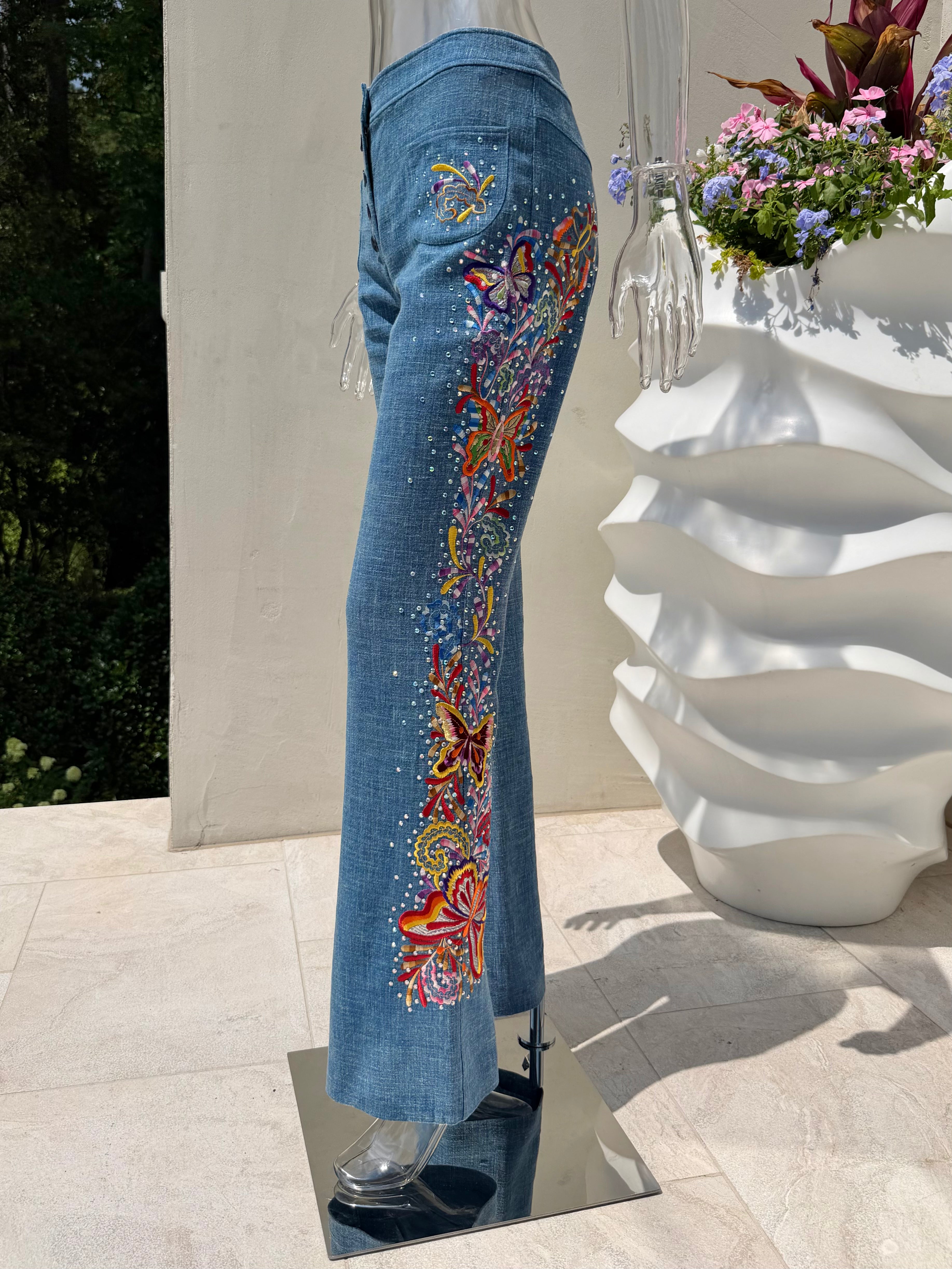 S/S 2003 Blue Linen Butterfly Embroidered Trousers