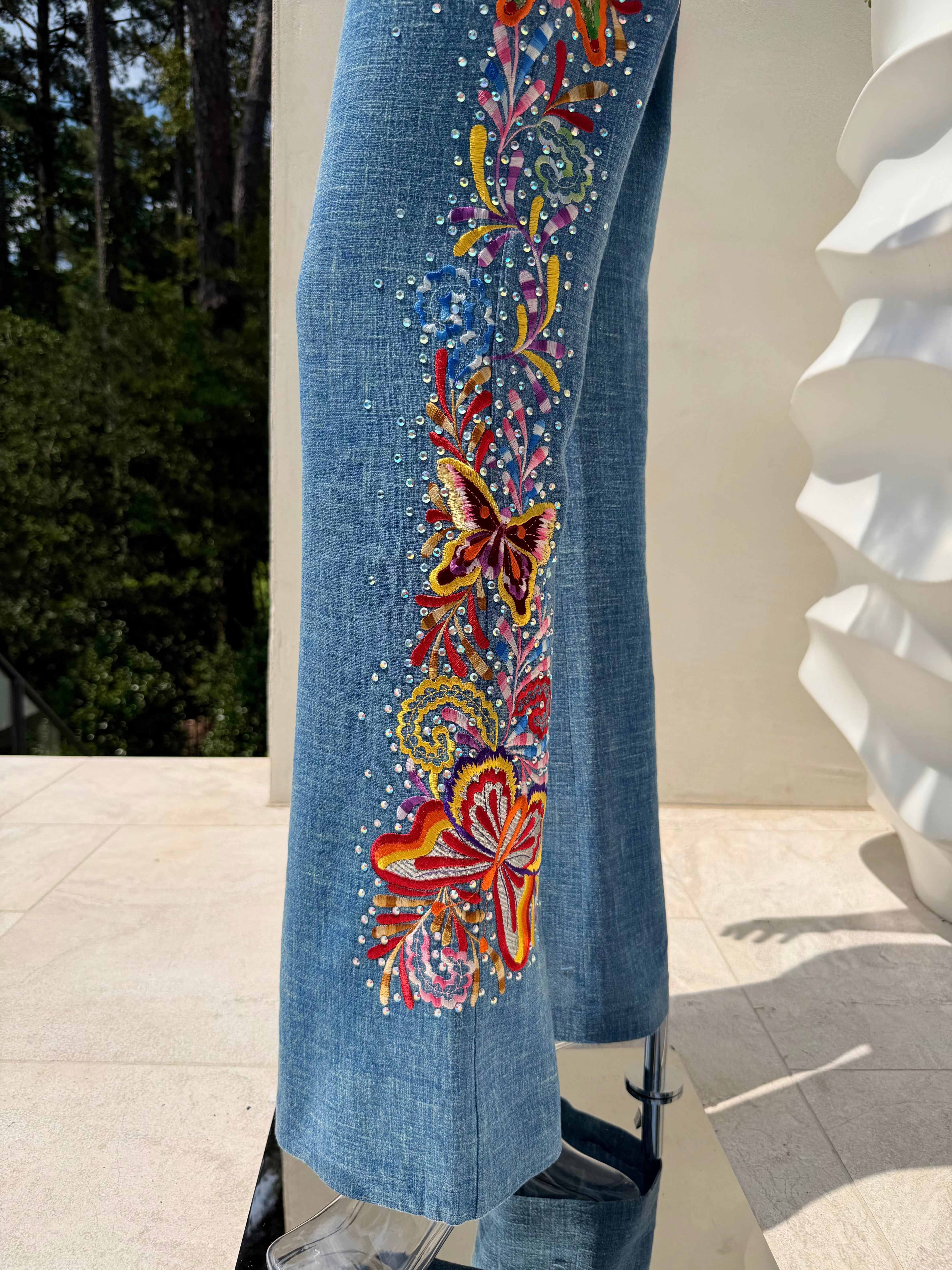 S/S 2003 Blue Linen Butterfly Embroidered Trousers