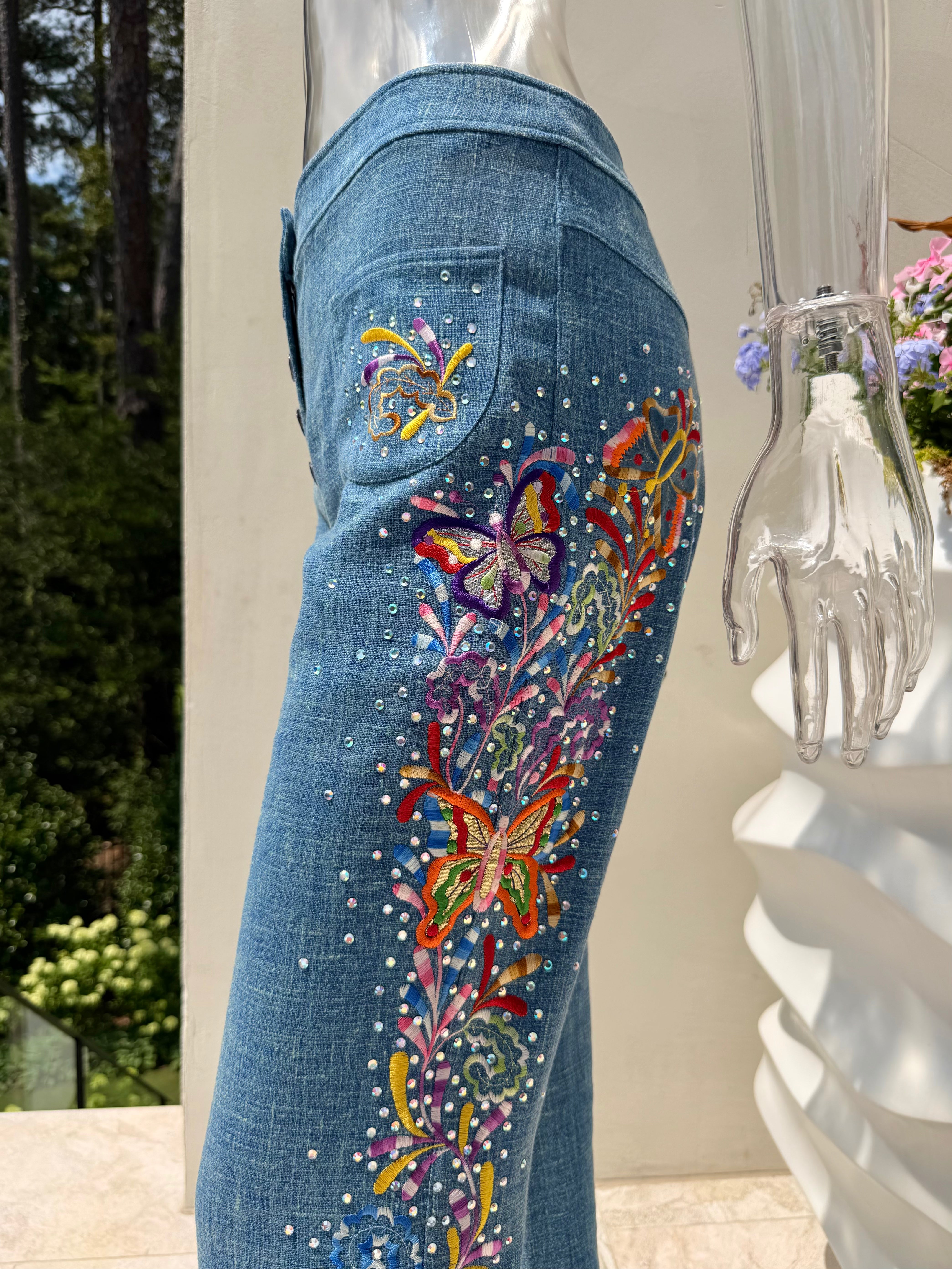 S/S 2003 Blue Linen Butterfly Embroidered Trousers