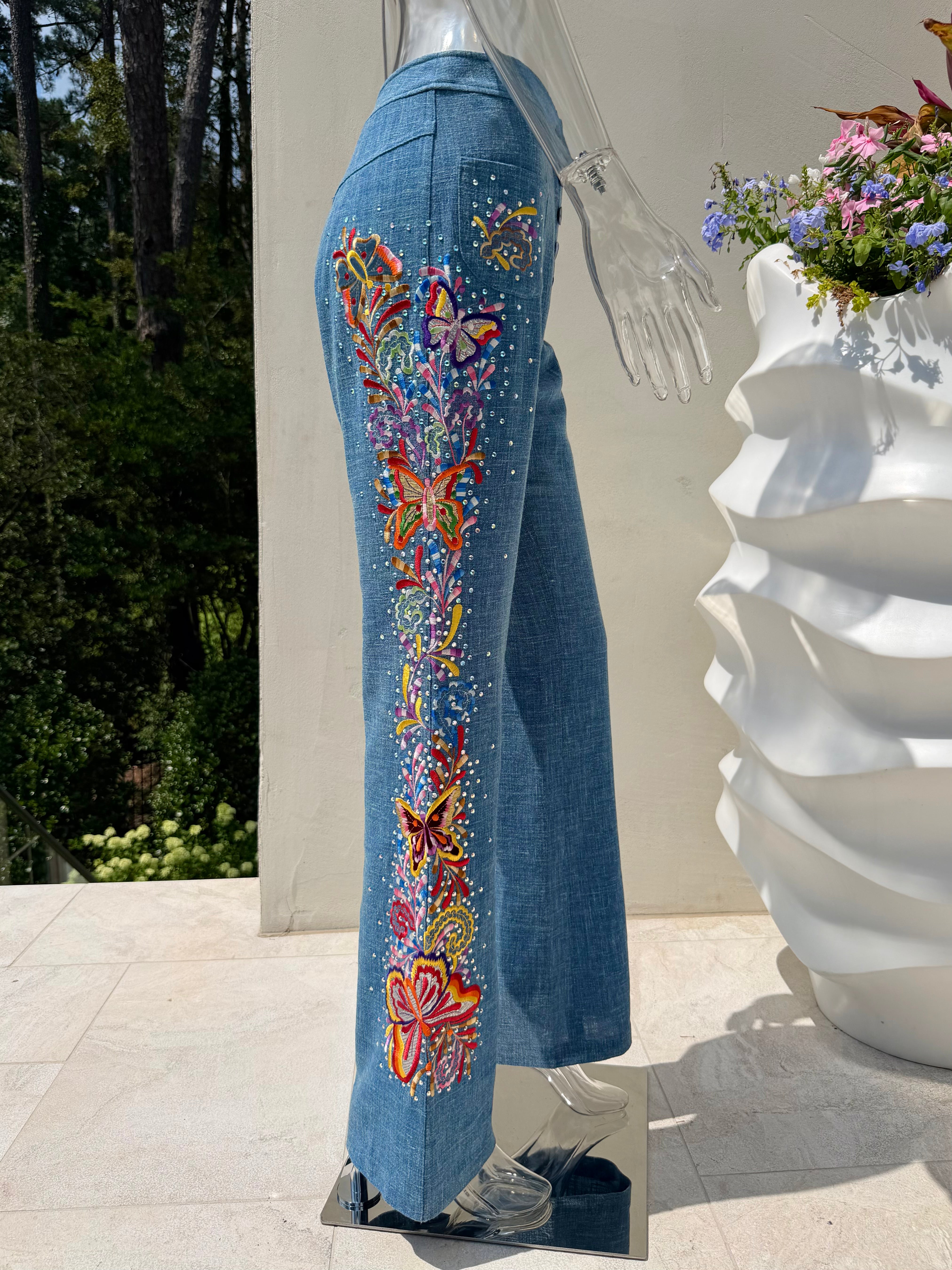 S/S 2003 Blue Linen Butterfly Embroidered Trousers