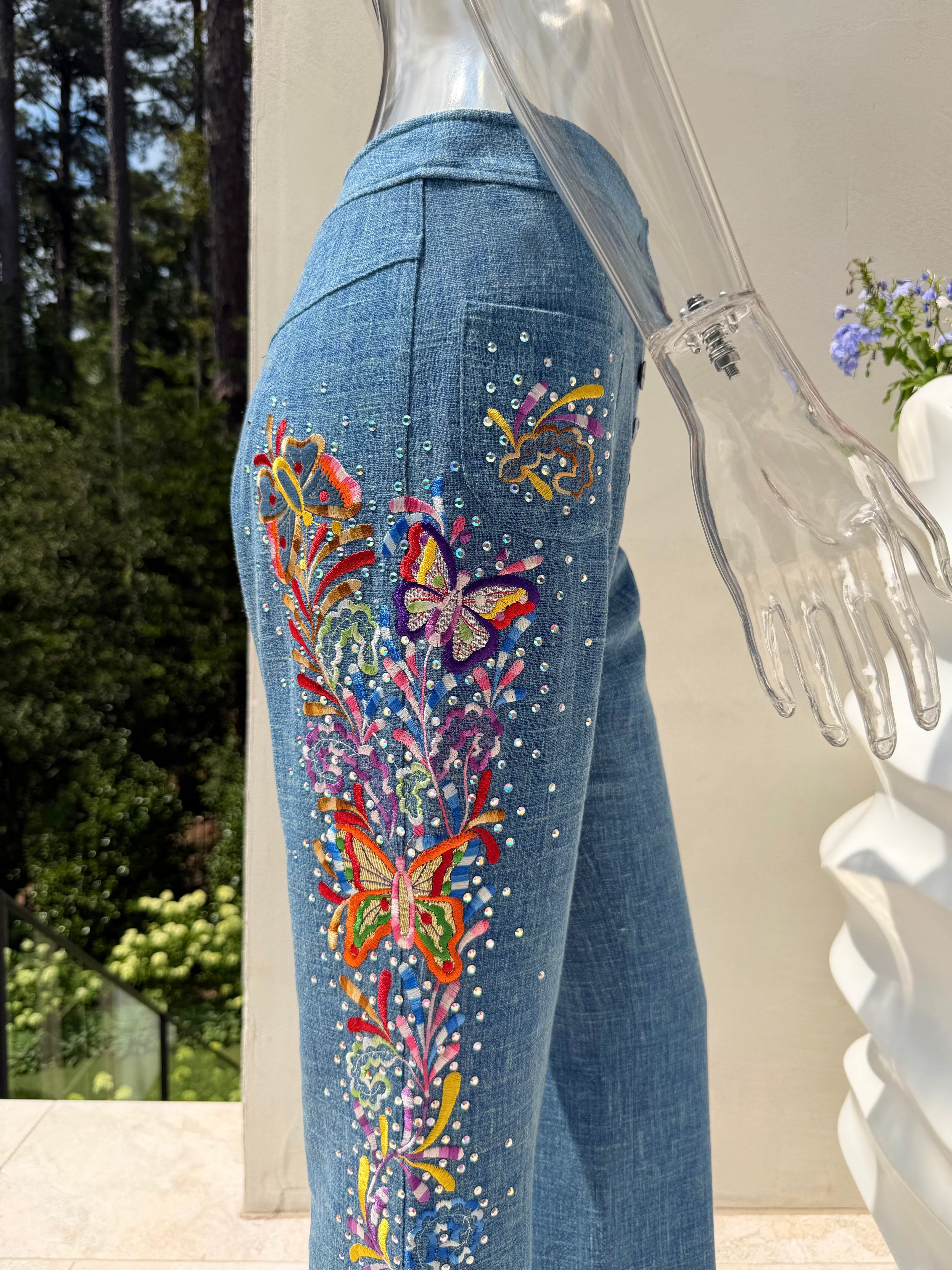 S/S 2003 Blue Linen Butterfly Embroidered Trousers