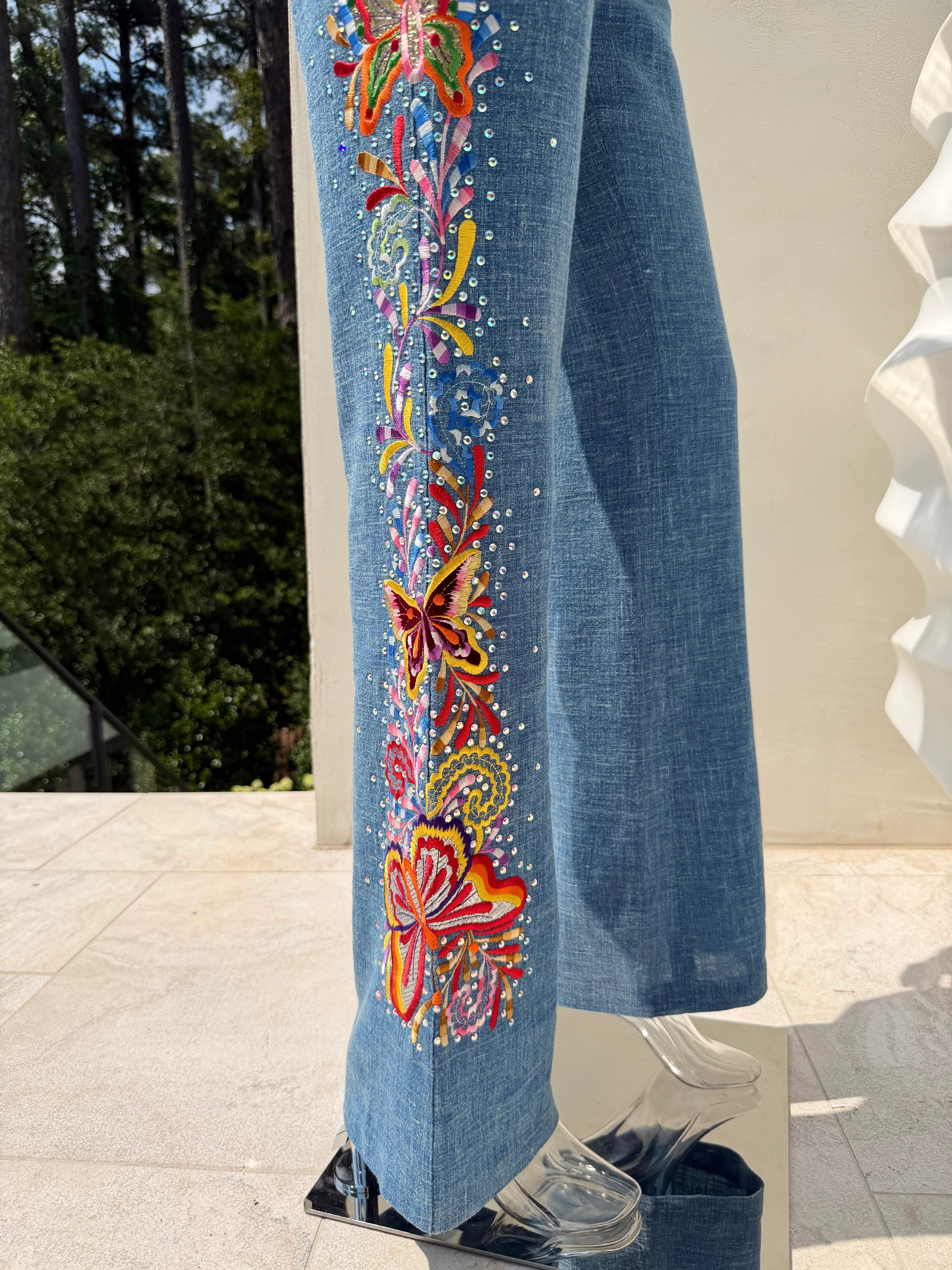 S/S 2003 Blue Linen Butterfly Embroidered Trousers