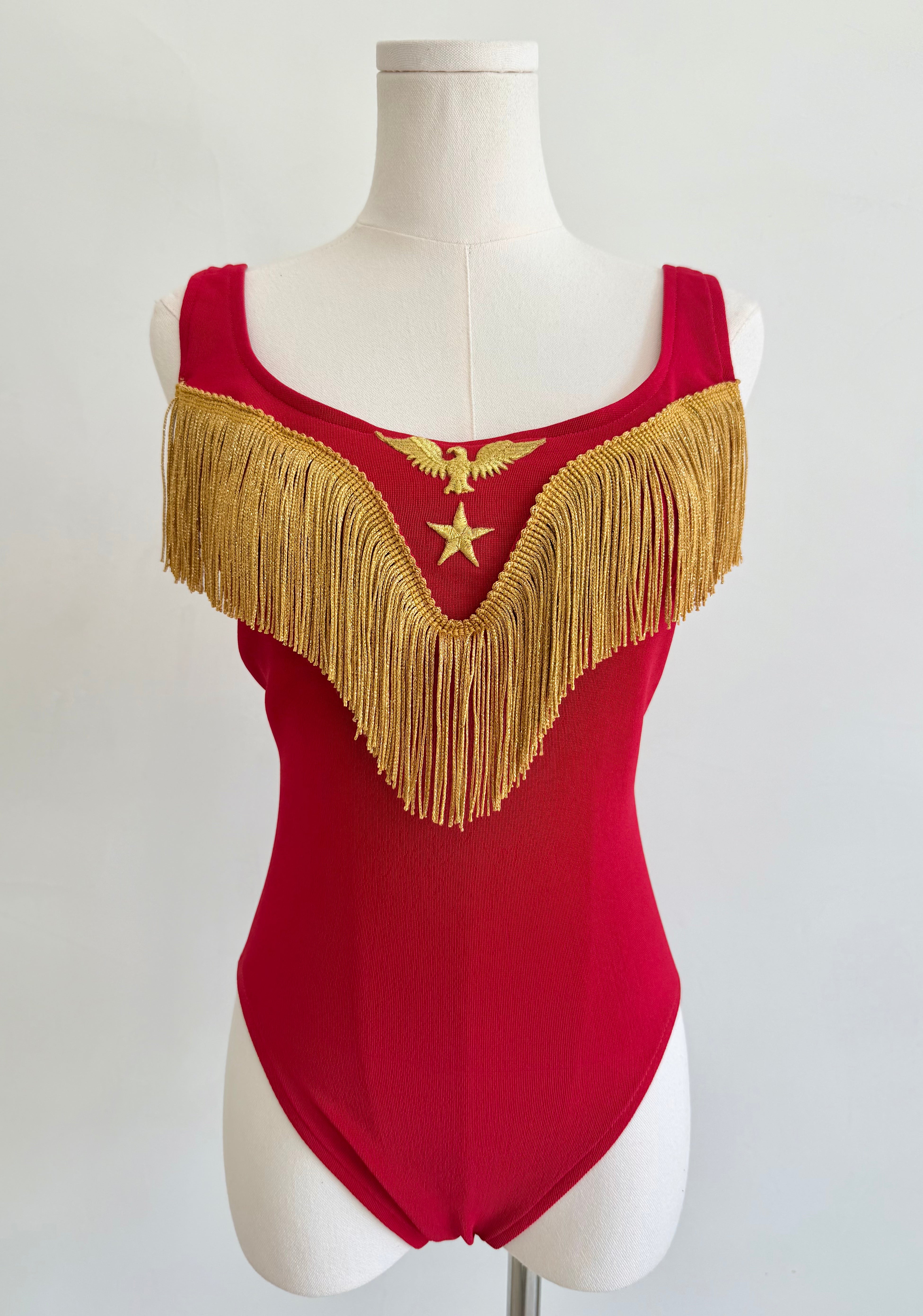 1990s Red Eagle Bodysuit with Gold Fringe