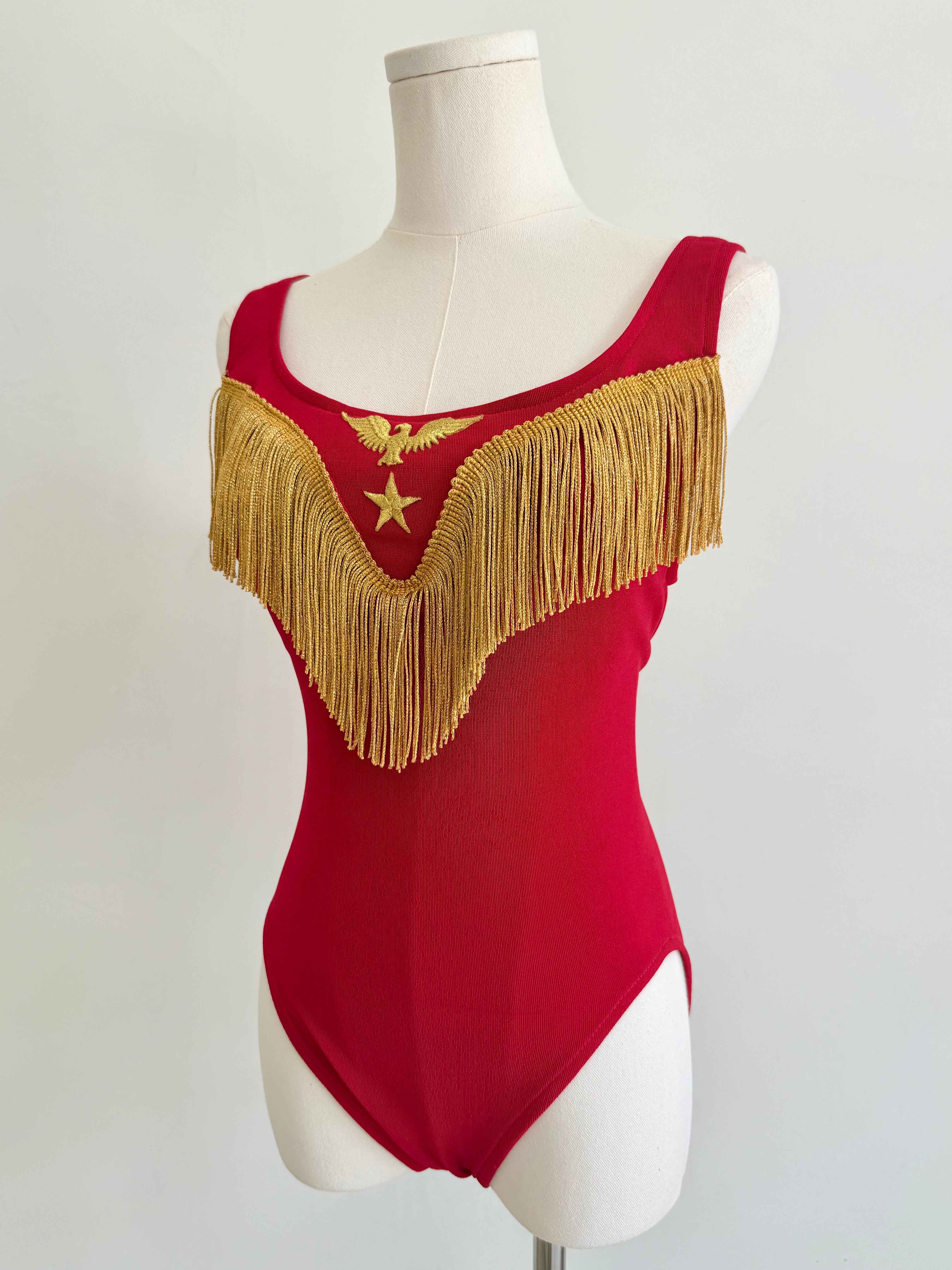 1990s Red Eagle Bodysuit with Gold Fringe