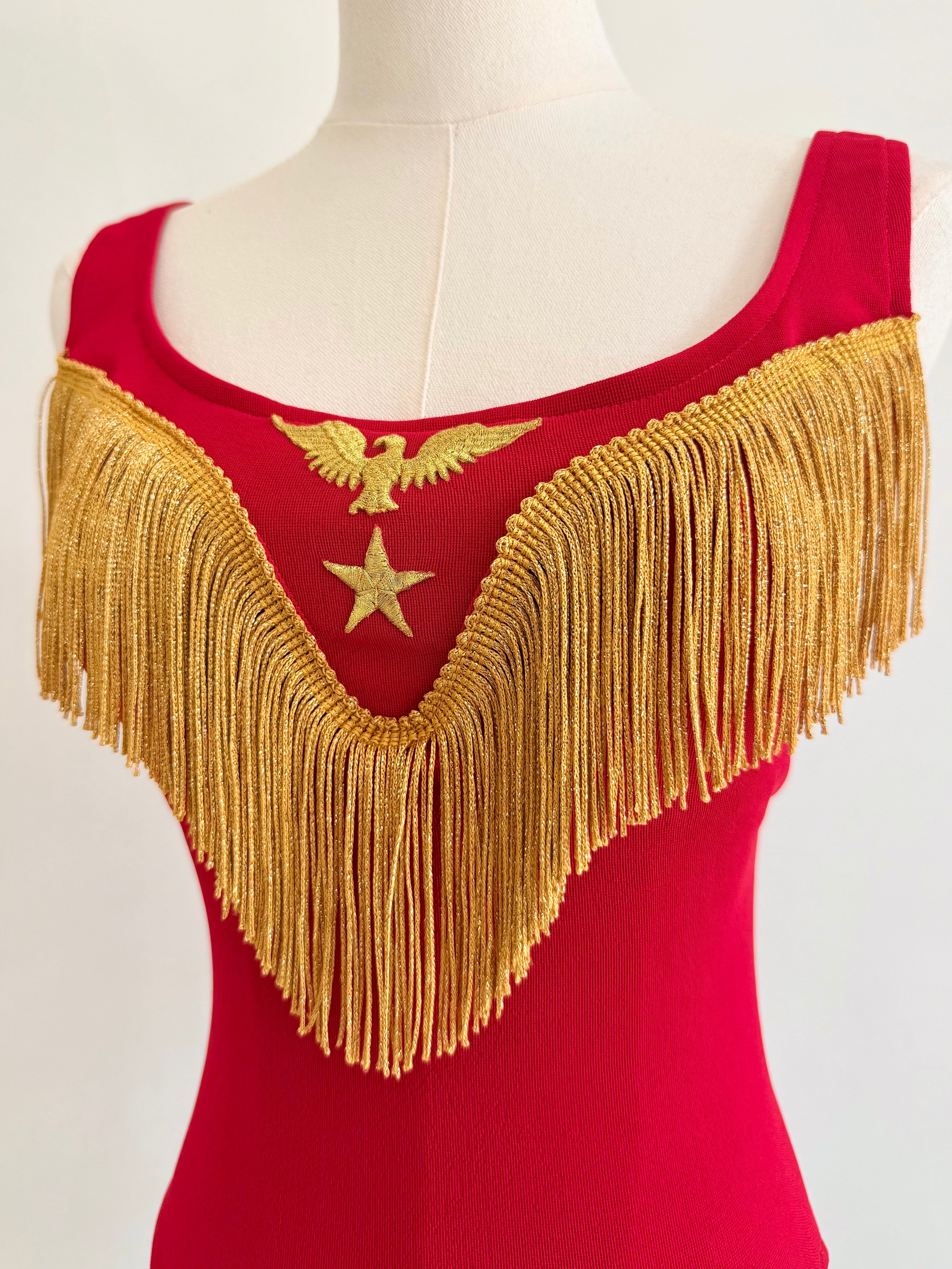 1990s Red Eagle Bodysuit with Gold Fringe