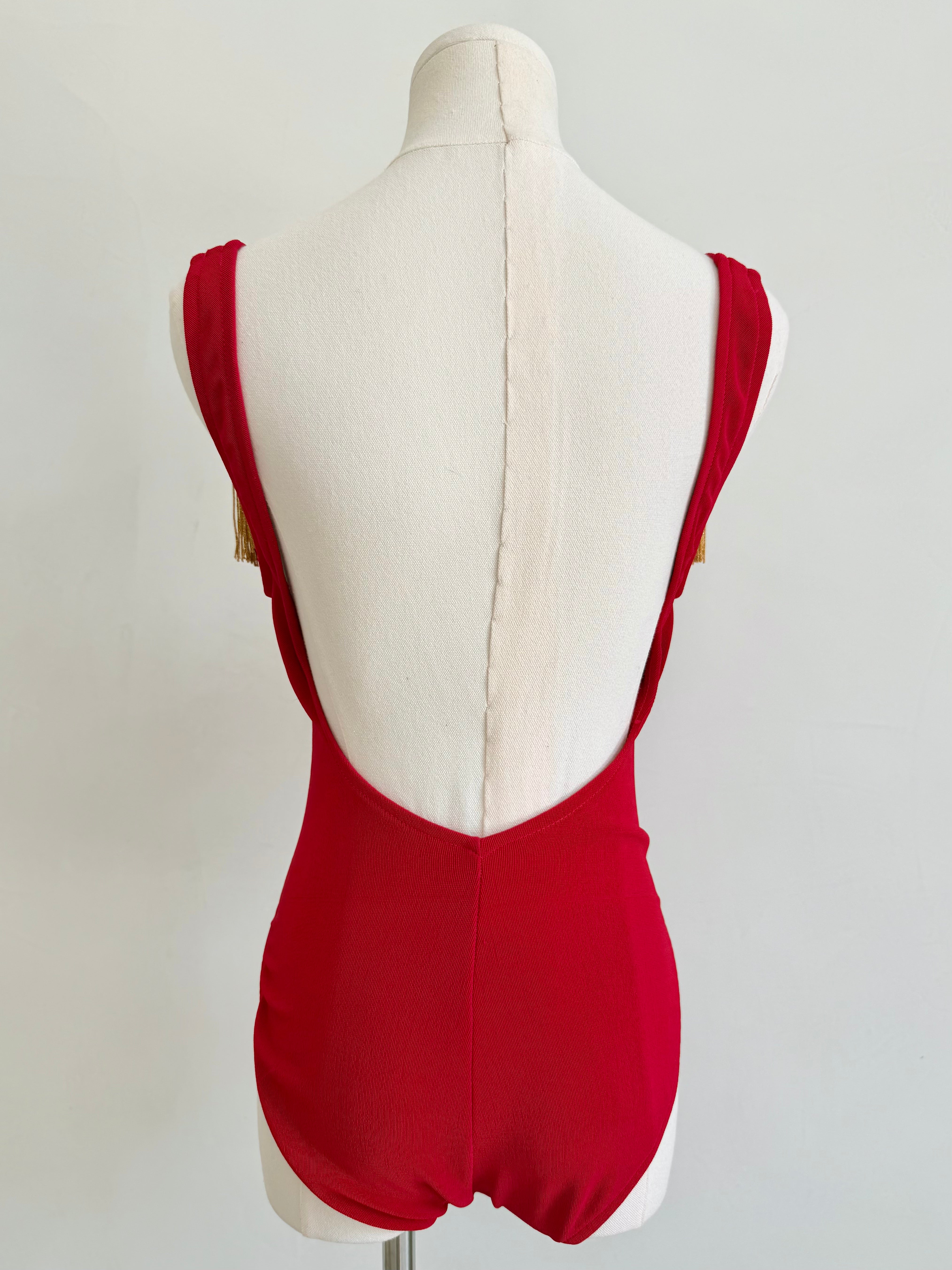 1990s Red Eagle Bodysuit with Gold Fringe