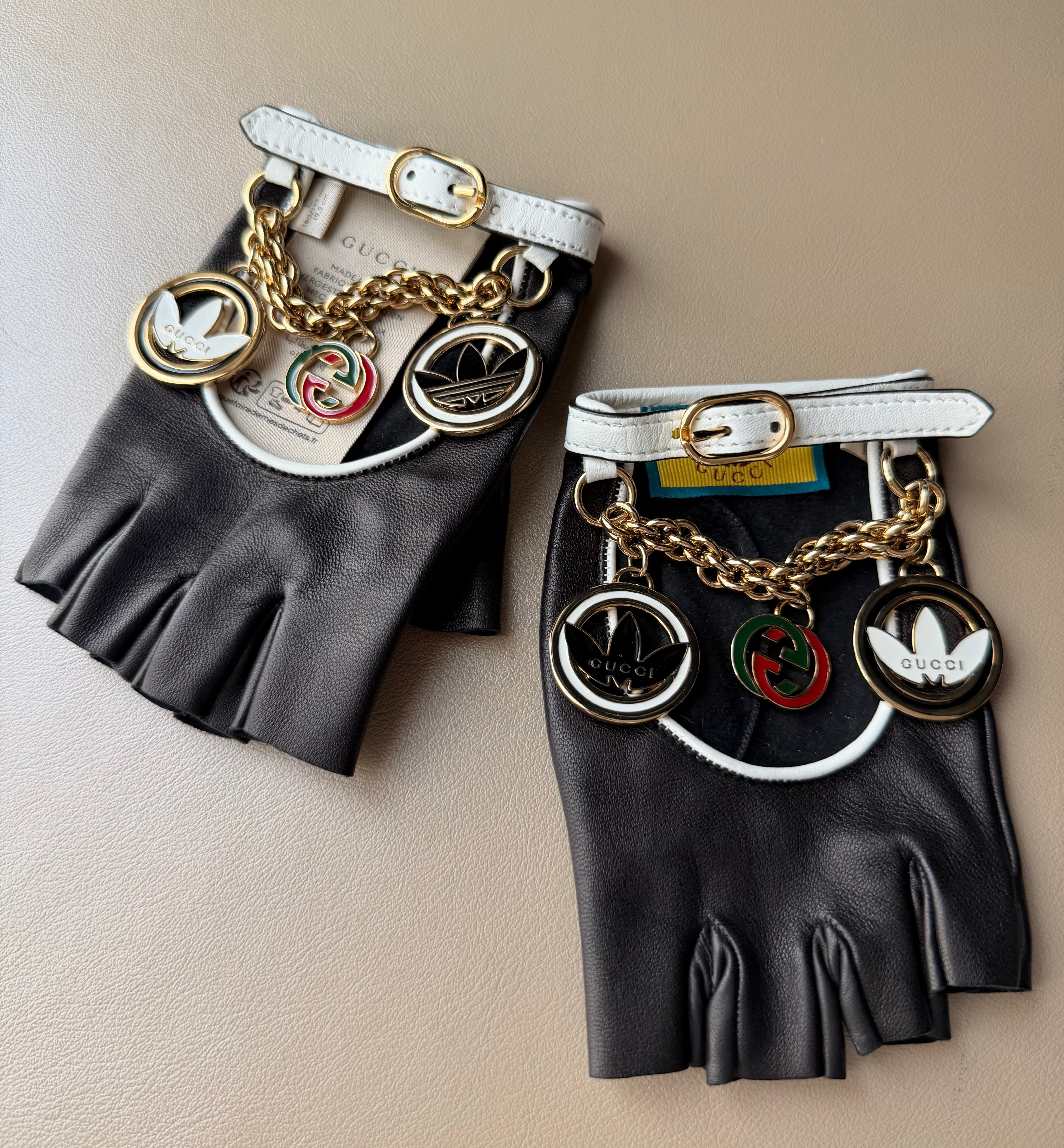 Gucci x Adidas Black Lambskin Fingerless Gloves with Charms