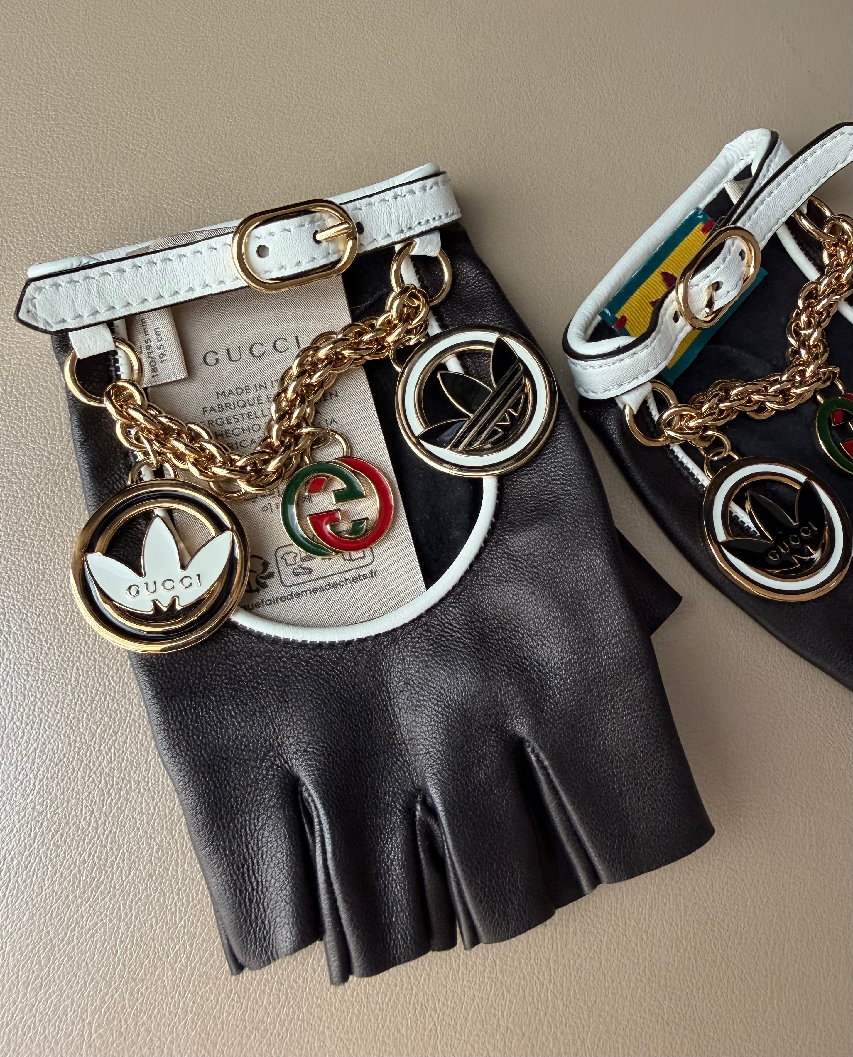Gucci x Adidas Black Lambskin Fingerless Gloves with Charms
