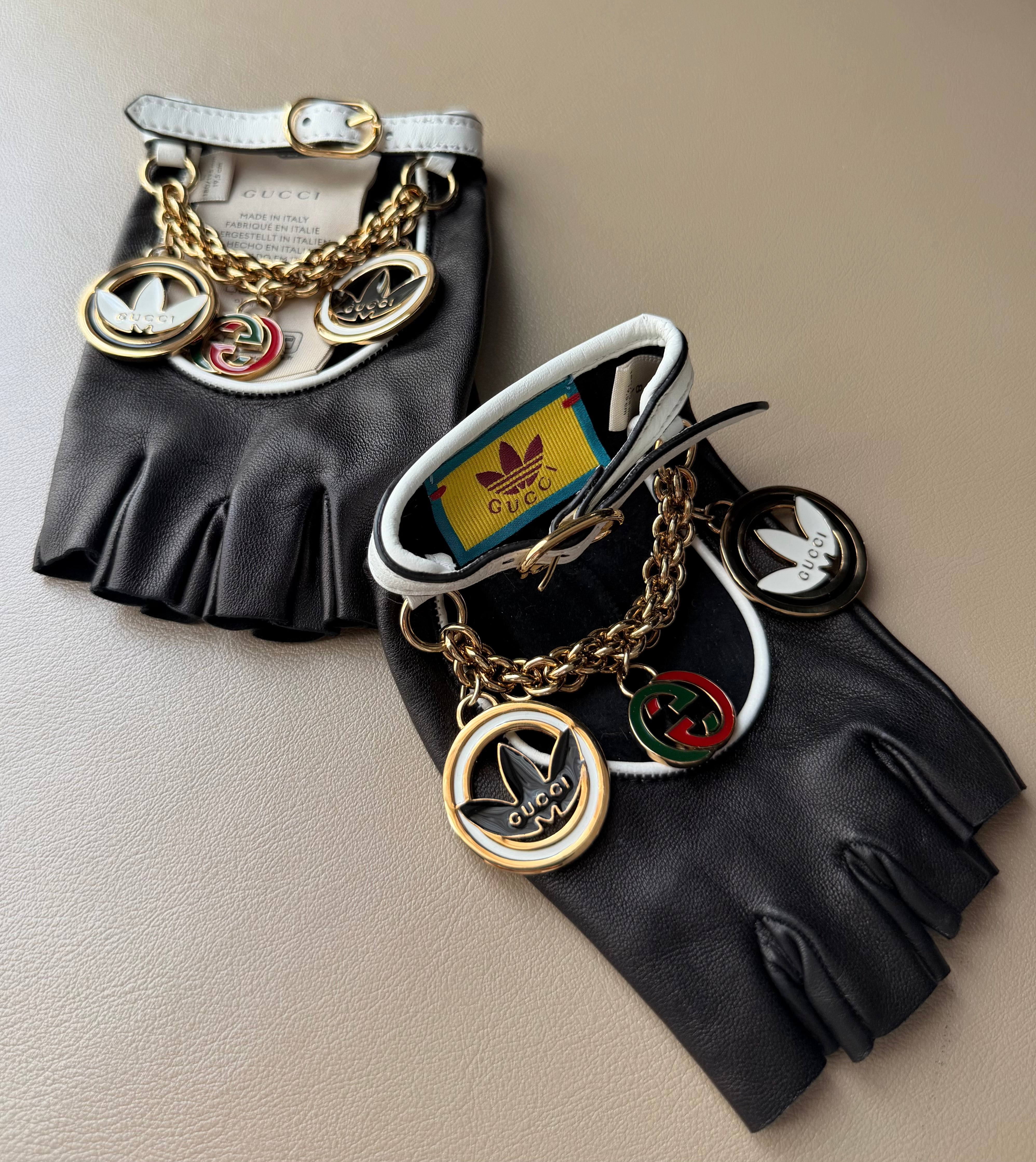 Gucci x Adidas Black Lambskin Fingerless Gloves with Charms