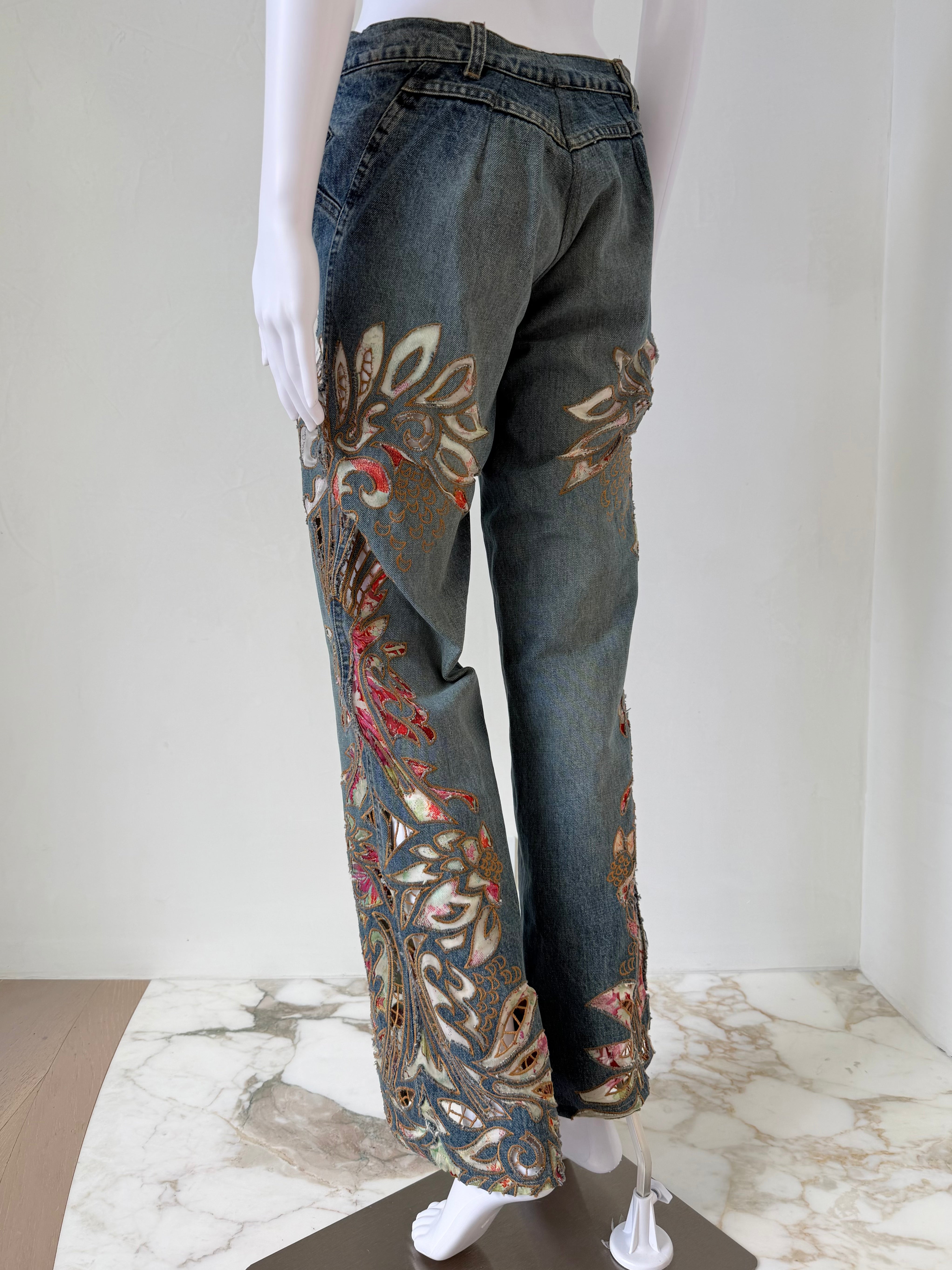 S/S 2002 Blue Denim “Baroque Cutout Floral” Embroidered Jeans