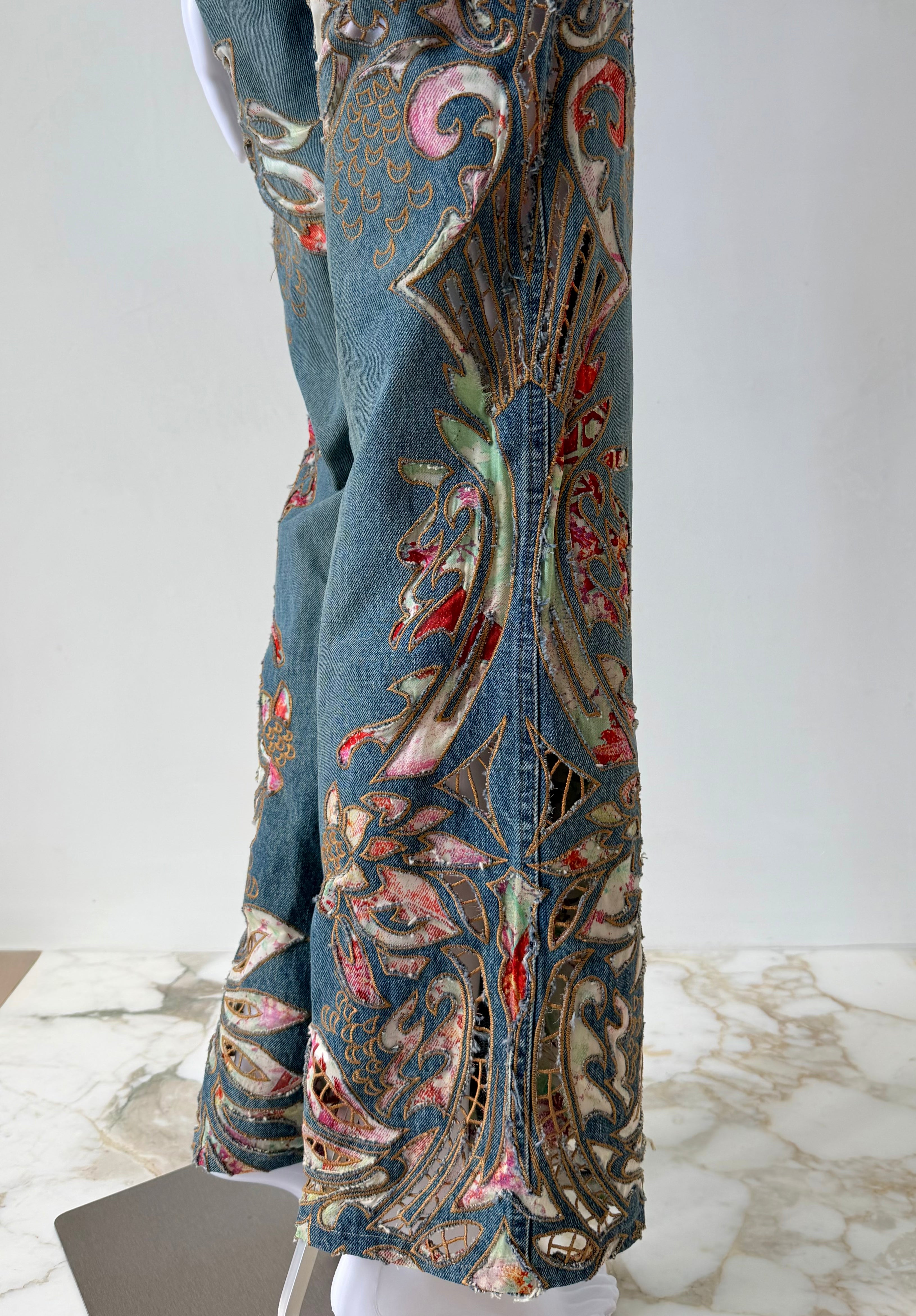 S/S 2002 Blue Denim “Baroque Cutout Floral” Embroidered Jeans