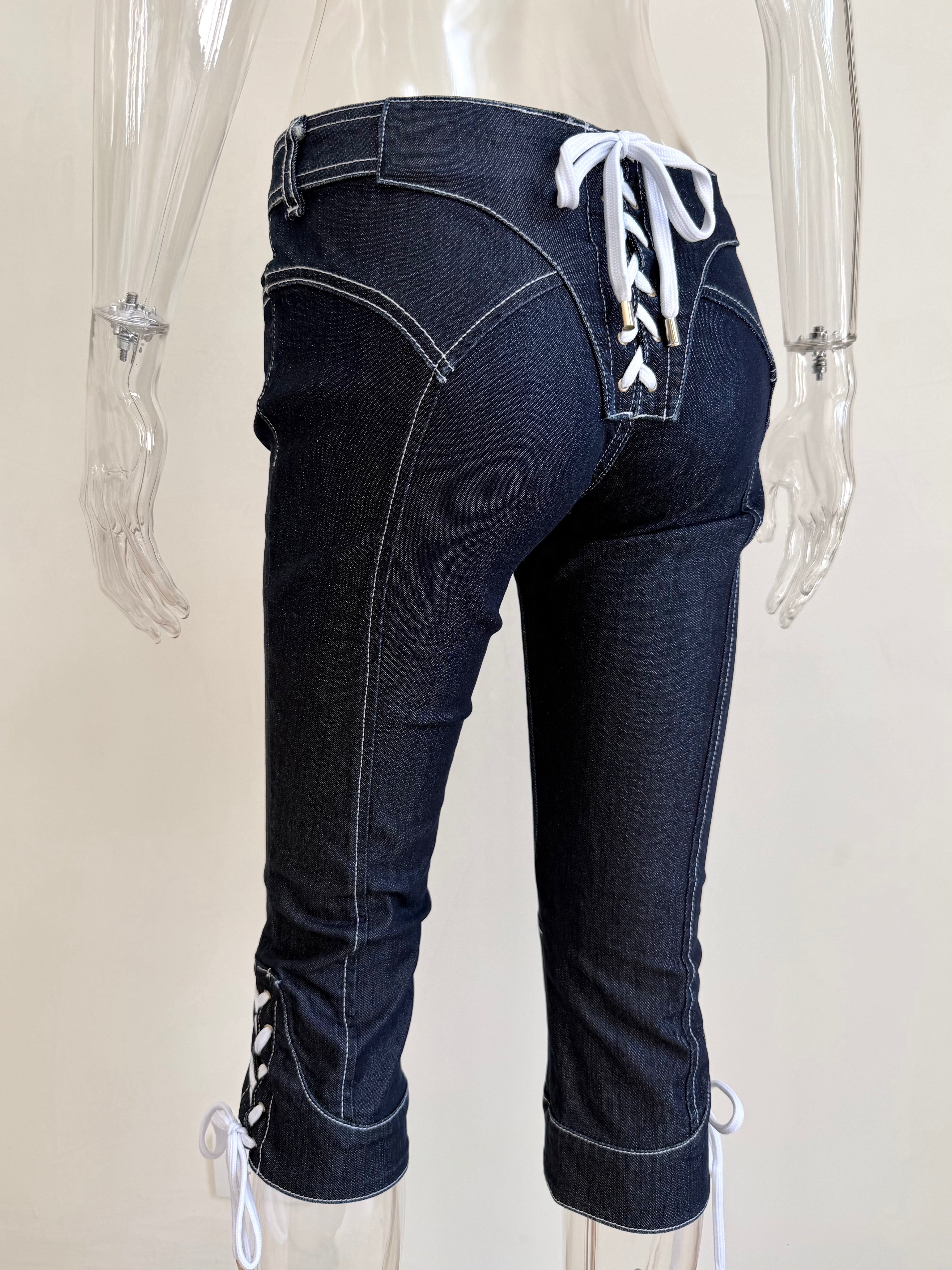 Dark Denim + White Lace Up Pants