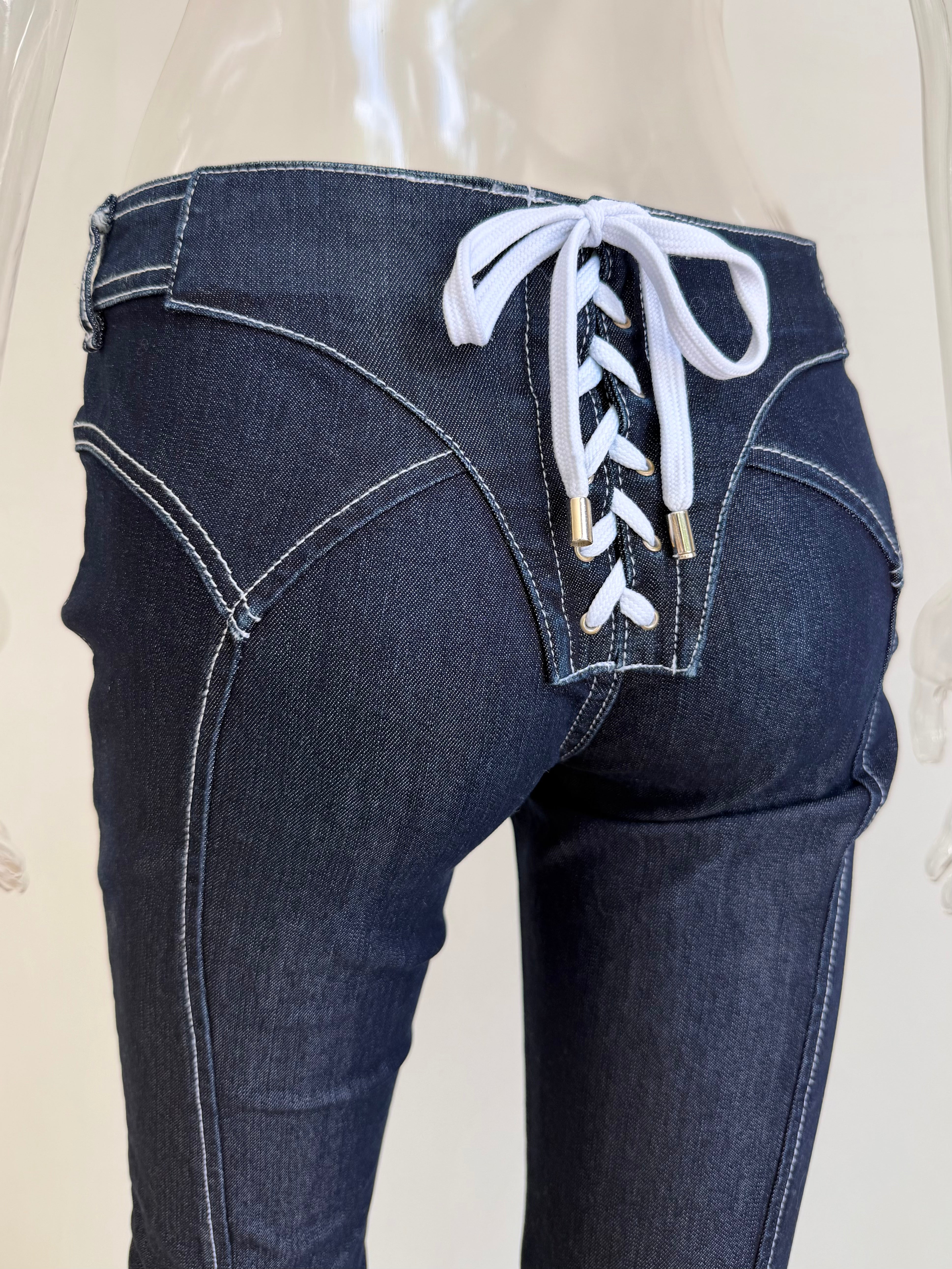 Dark Denim + White Lace Up Pants