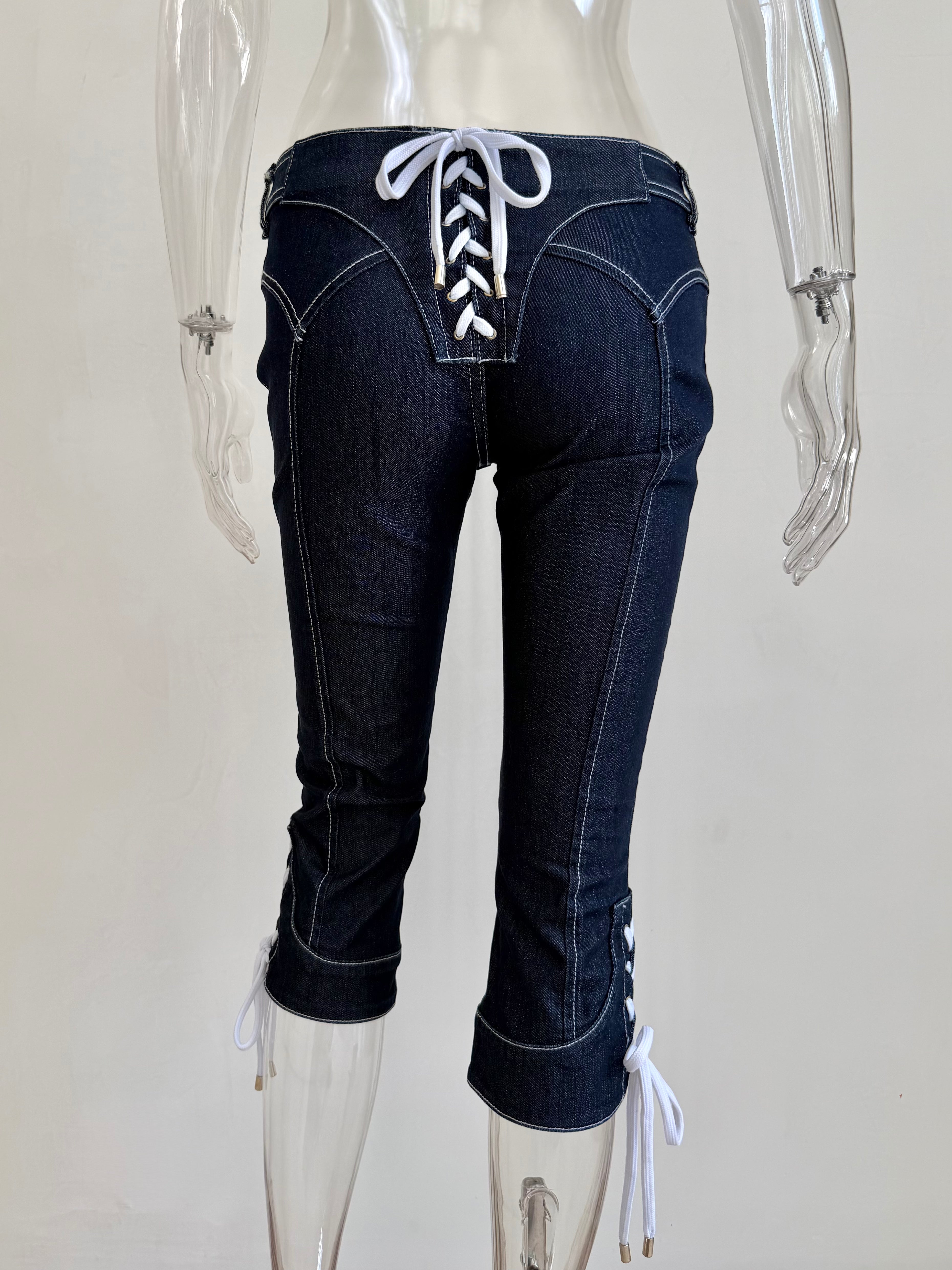 Dark Denim + White Lace Up Pants