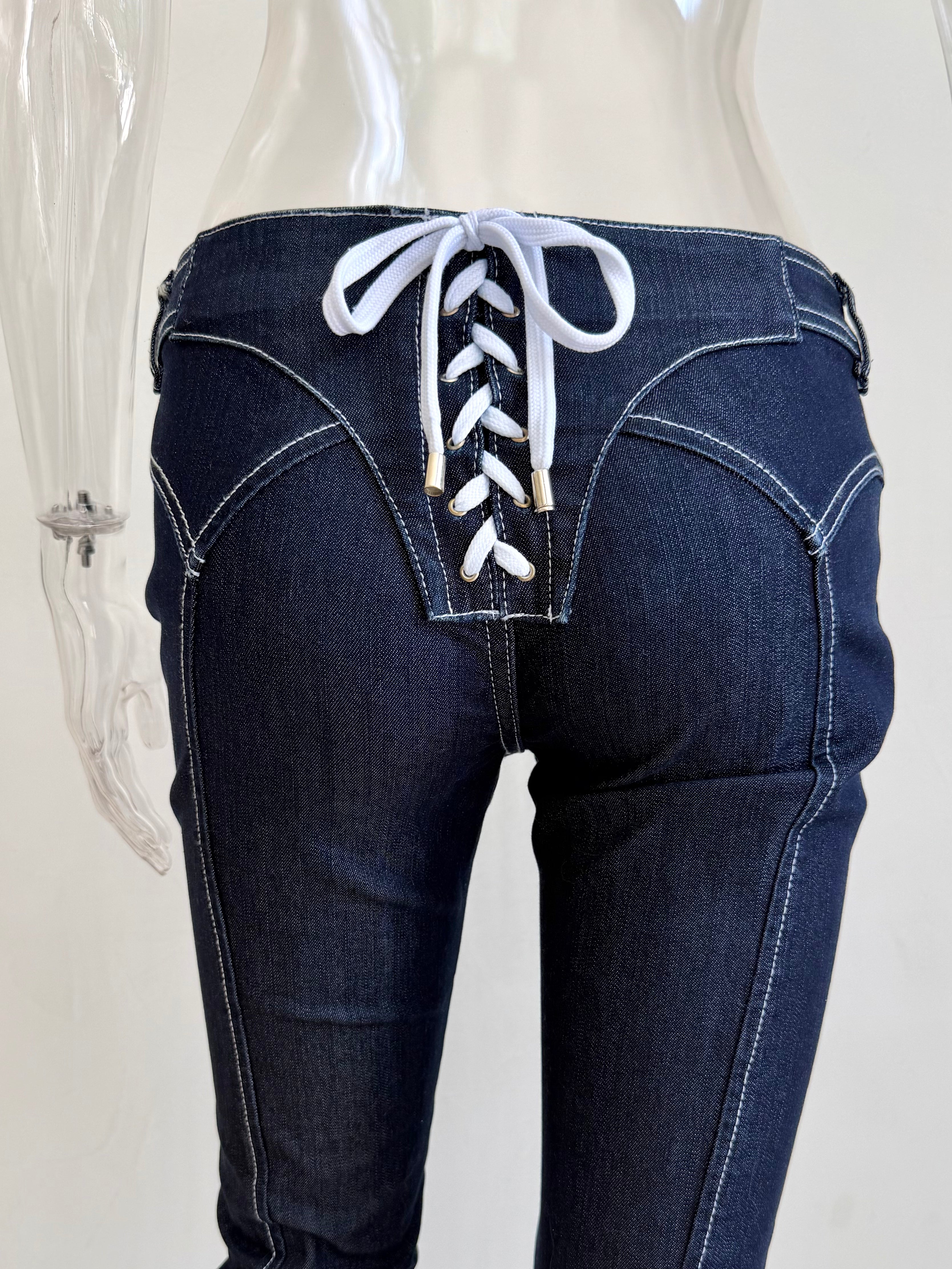 Dark Denim + White Lace Up Pants