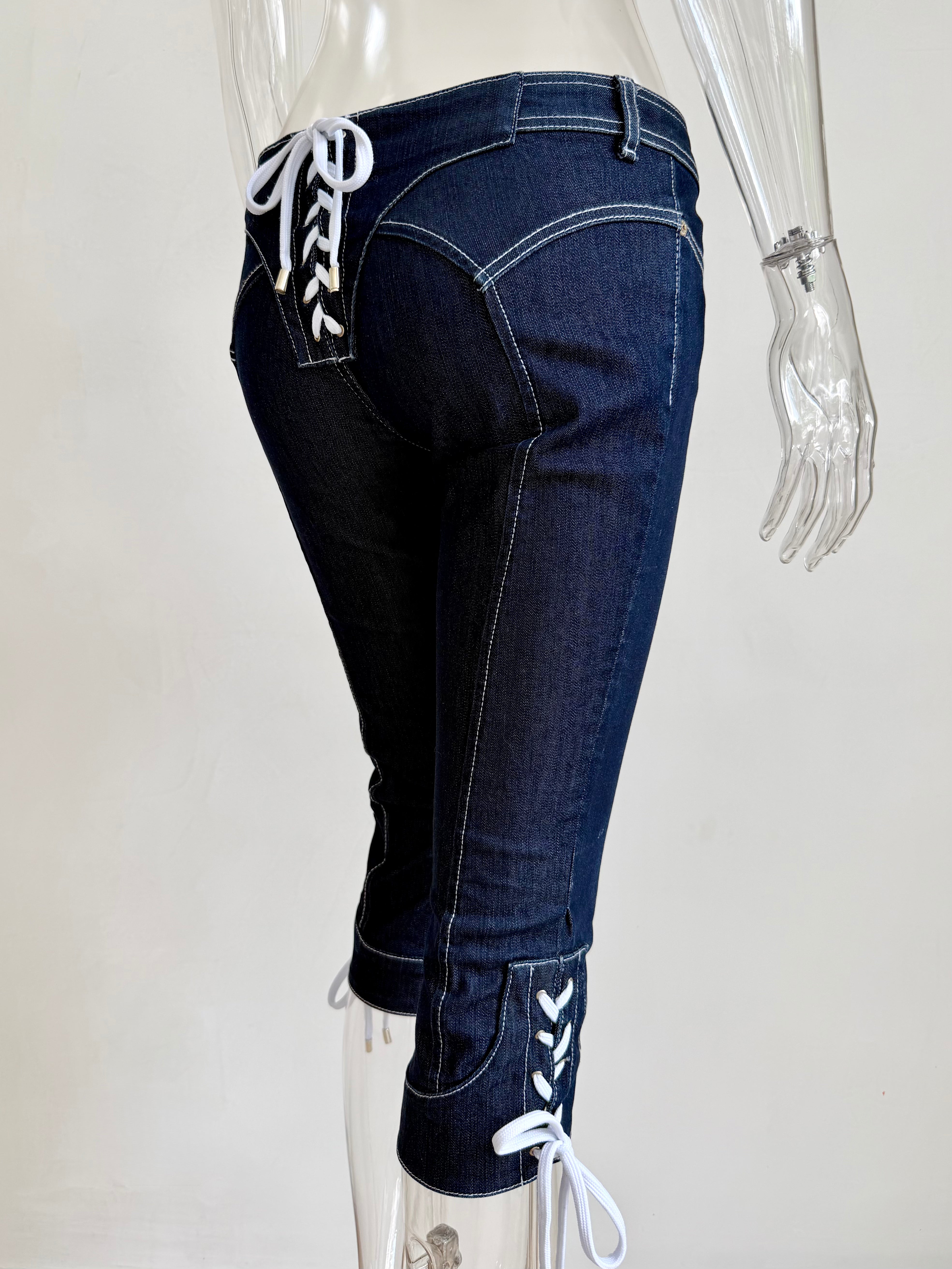 Dark Denim + White Lace Up Pants