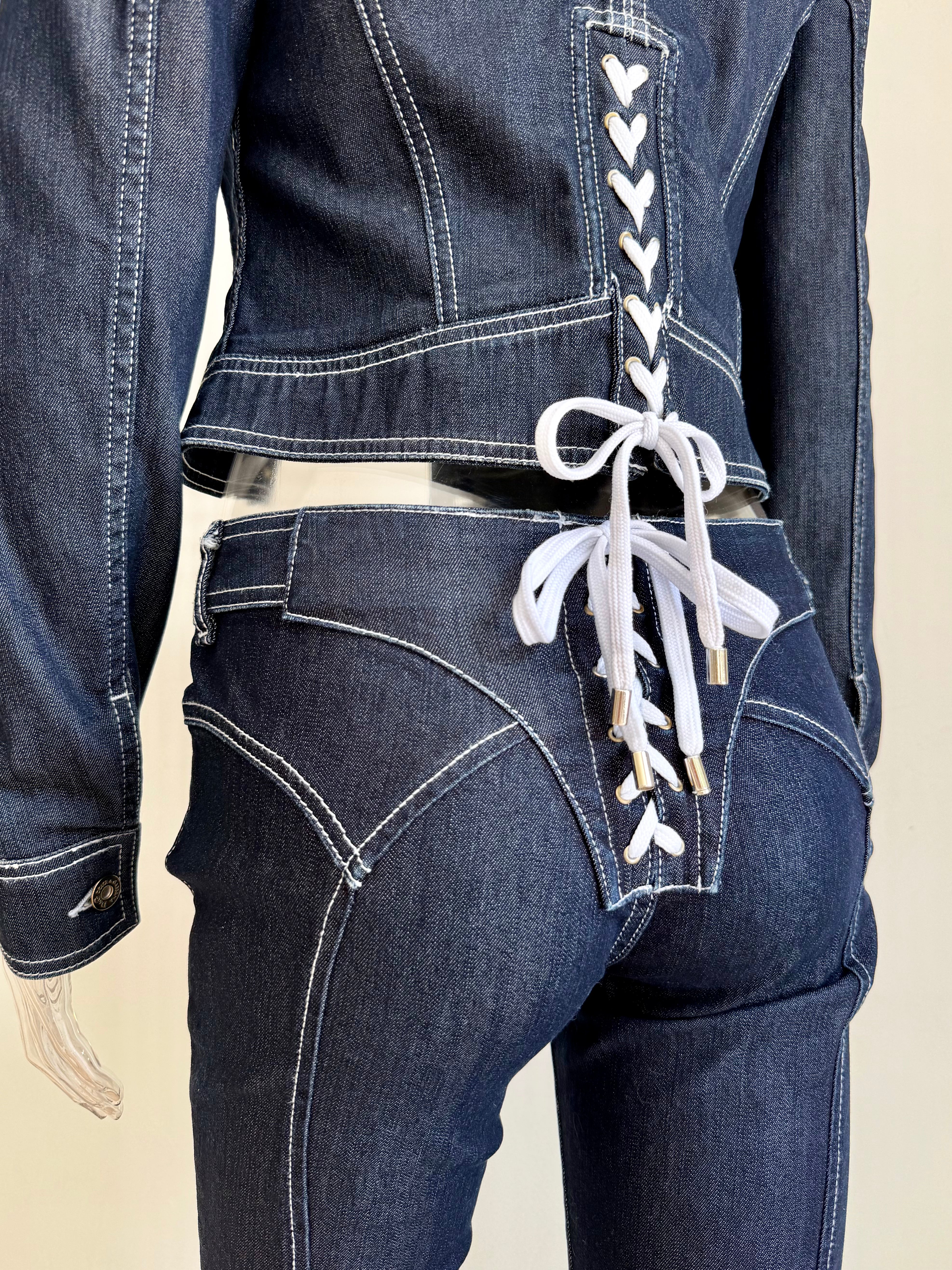 Dark Denim + White Lace Up Pants